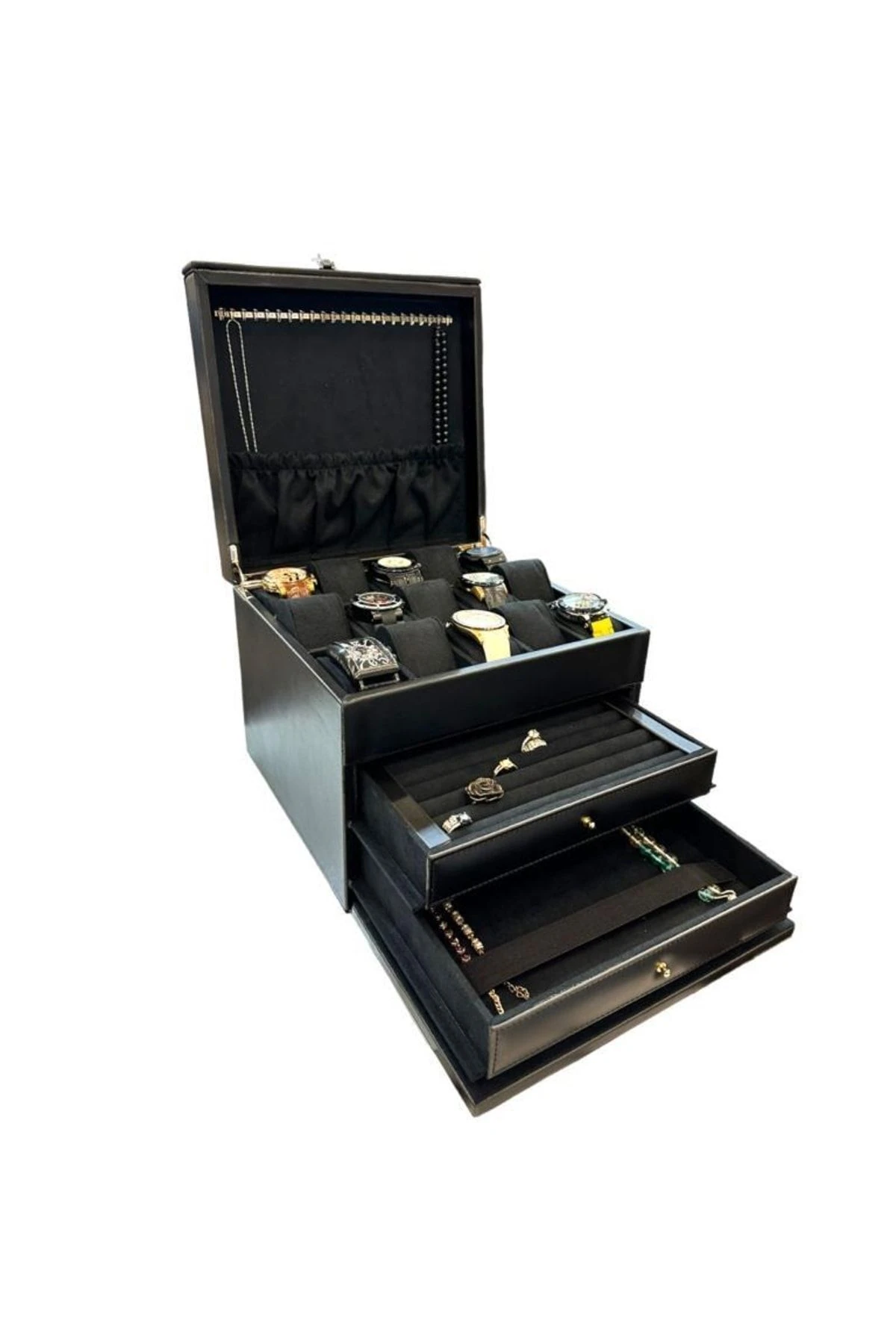 Diplomat Model Çekmeceli Camsız 15'li Saat Ve Yüzük Tesbih Kutusu Siyah