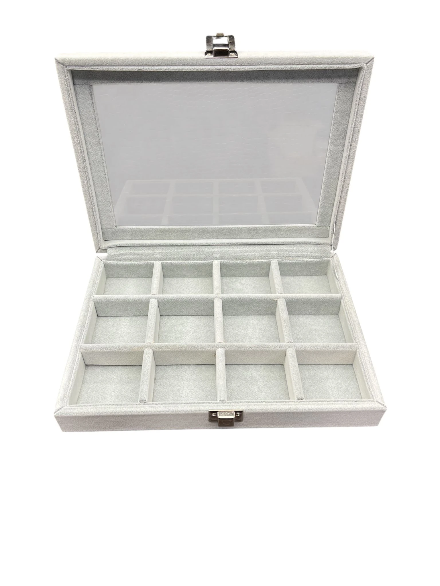 Cam Kapaklı Çok Bölmeli Takı Organizer Kutusu- Alcantara Gri