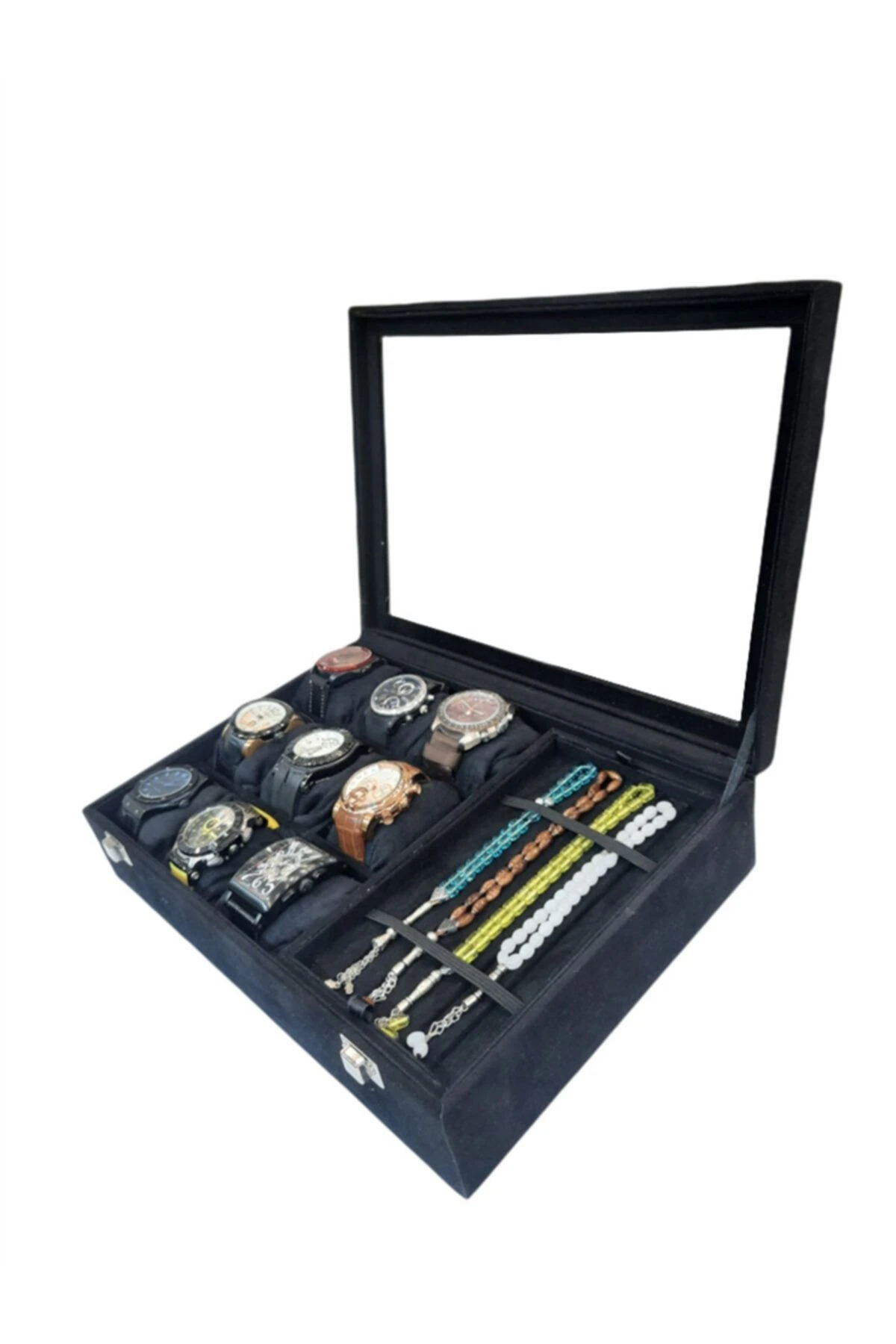 Saat Ve Tesbih Kutusu 9+ Tesbih Bölmeli Alcantara Siyah