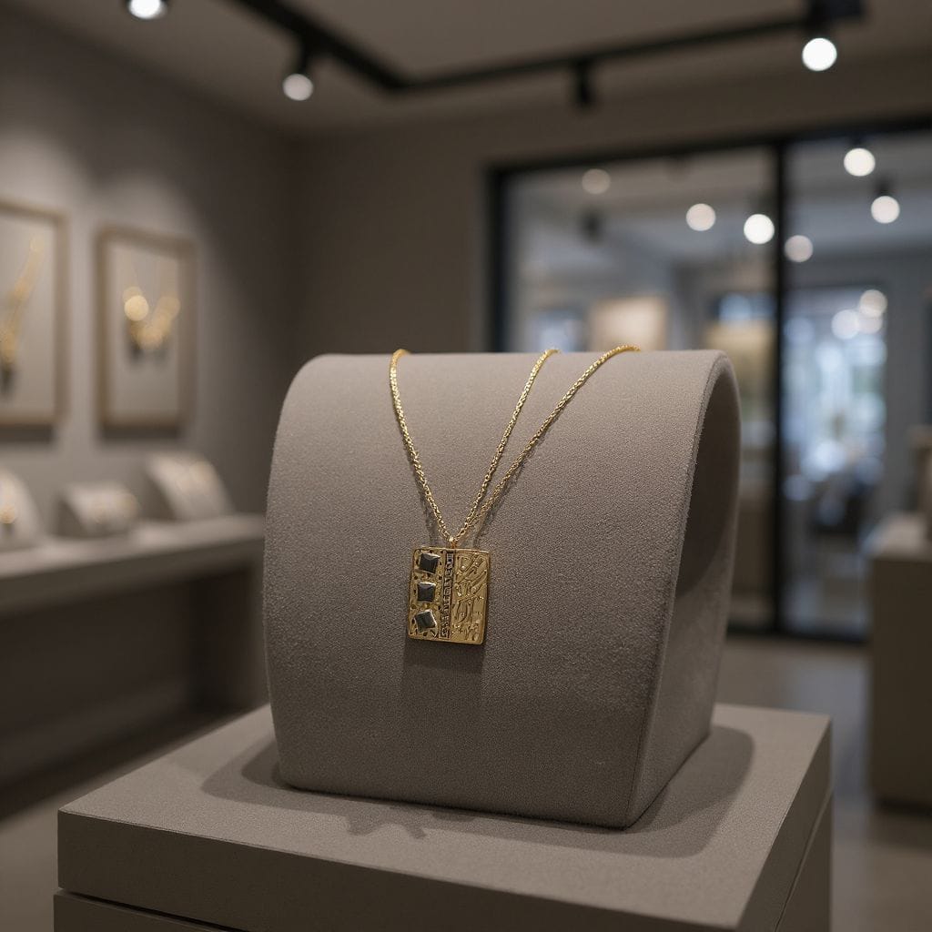 Altın Renk Dikdörtgen Desenli Kolye – Siyah Taşlı Modern Tasarım