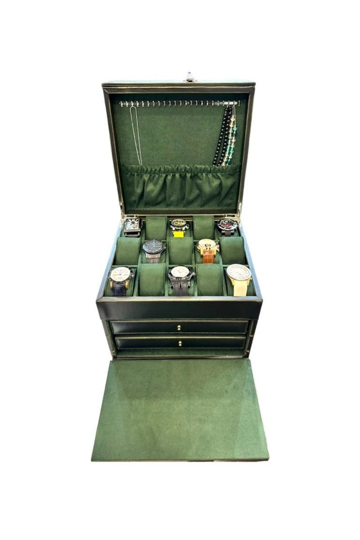 Diplomat Model Çekmeceli Camsız 15'li Saat Ve Yüzük Tesbih Kutusu Yeşil