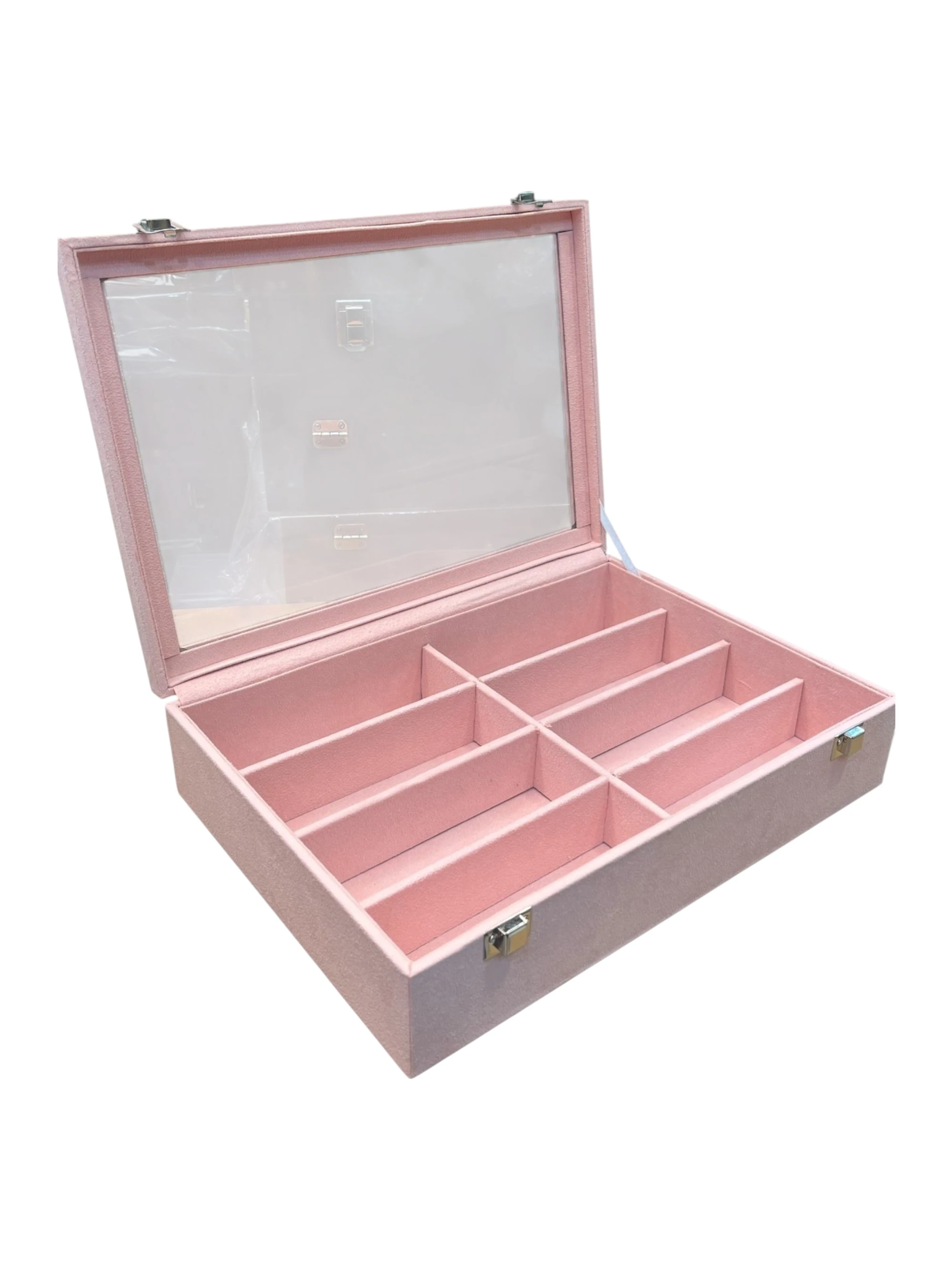 Cam Kapaklı Çok Bölmeli Gözlük Kutusu – Suni Deri, El Yapımı, Alcantara Pembe