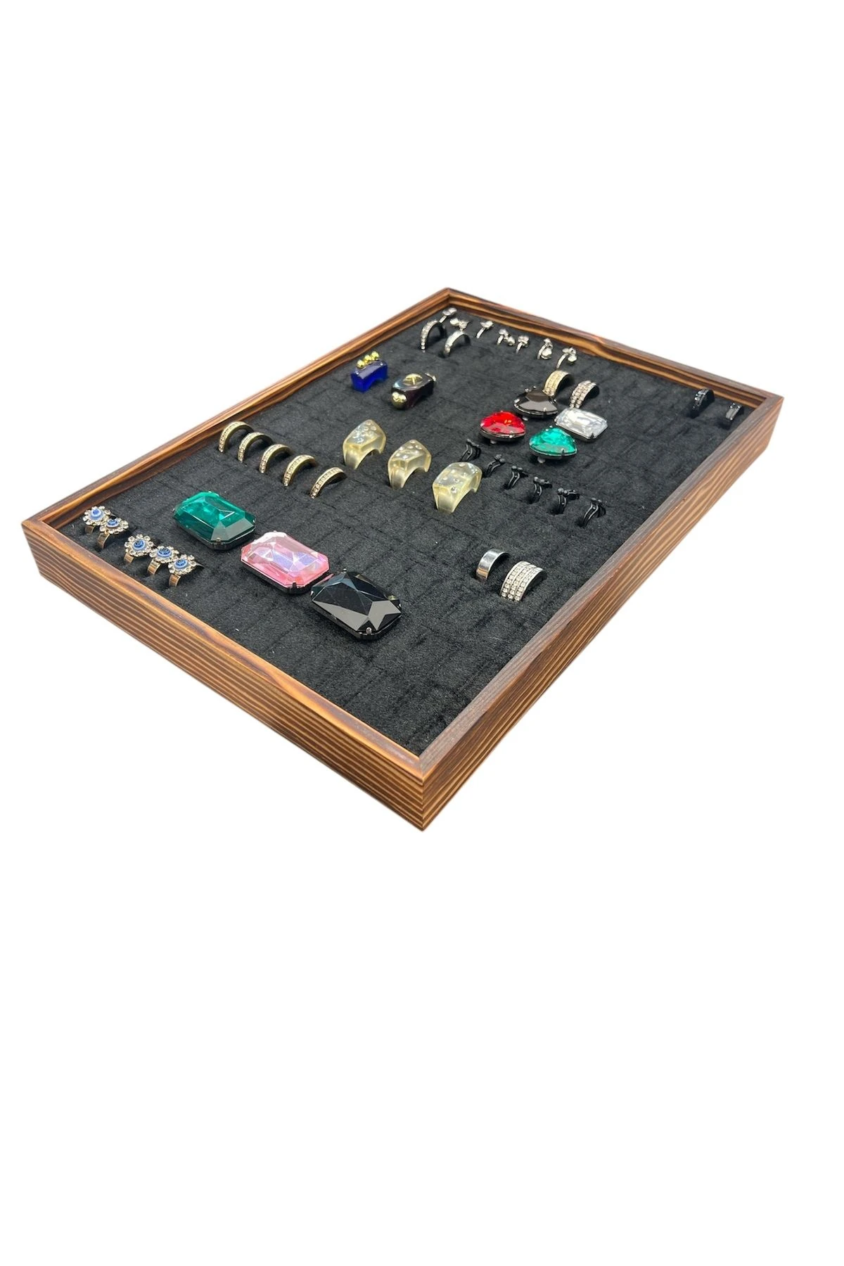 El Yapımı Ahşap Çerçeveli Alcantara Kaplama Yüzük Takı Teşhir Tablasi (34,5x24,5x3,5cm) Yakma Siyah