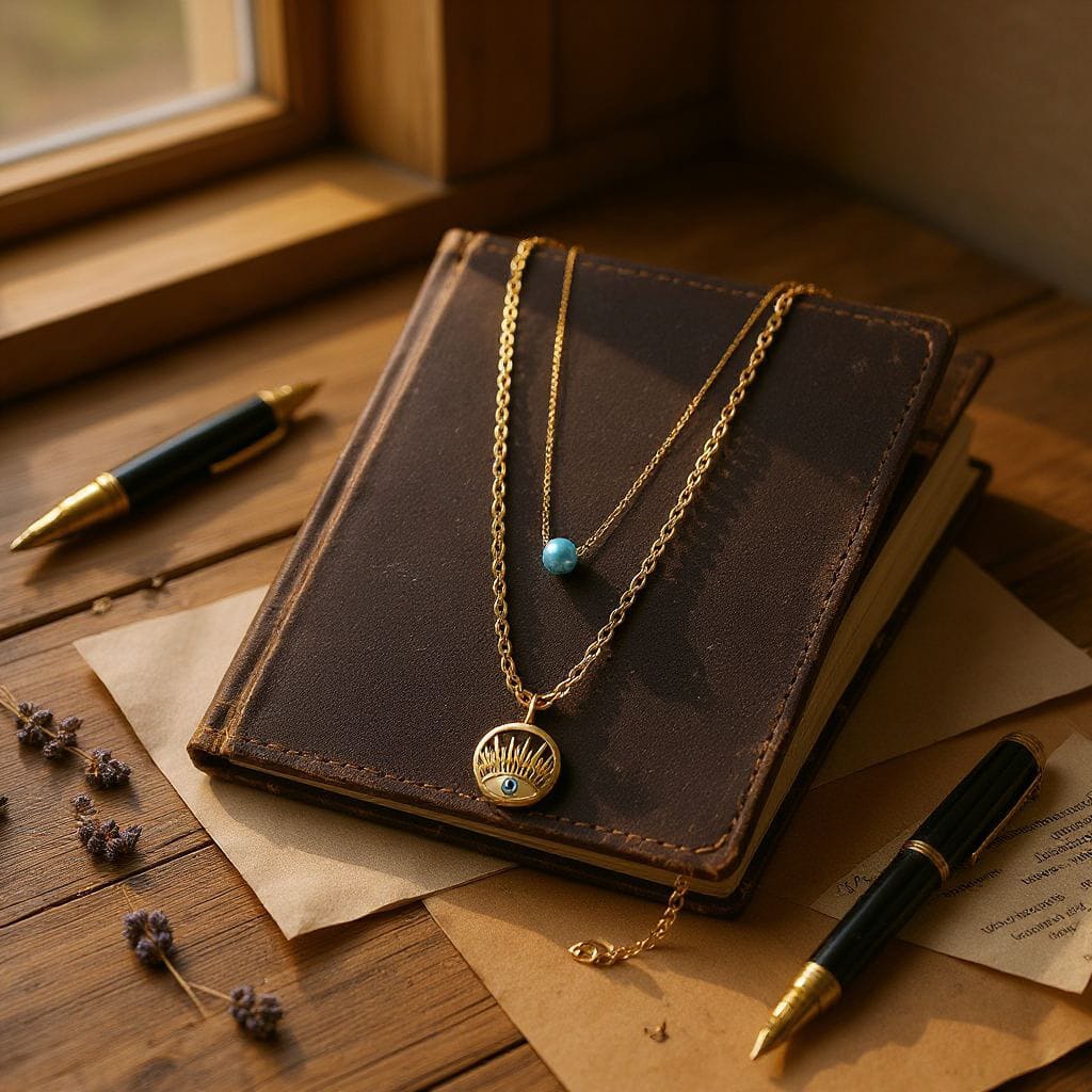 Çift Katlı Nazar Boncuklu Kolye – Altın Renk Zincir & Mavi Detaylı Tasarım