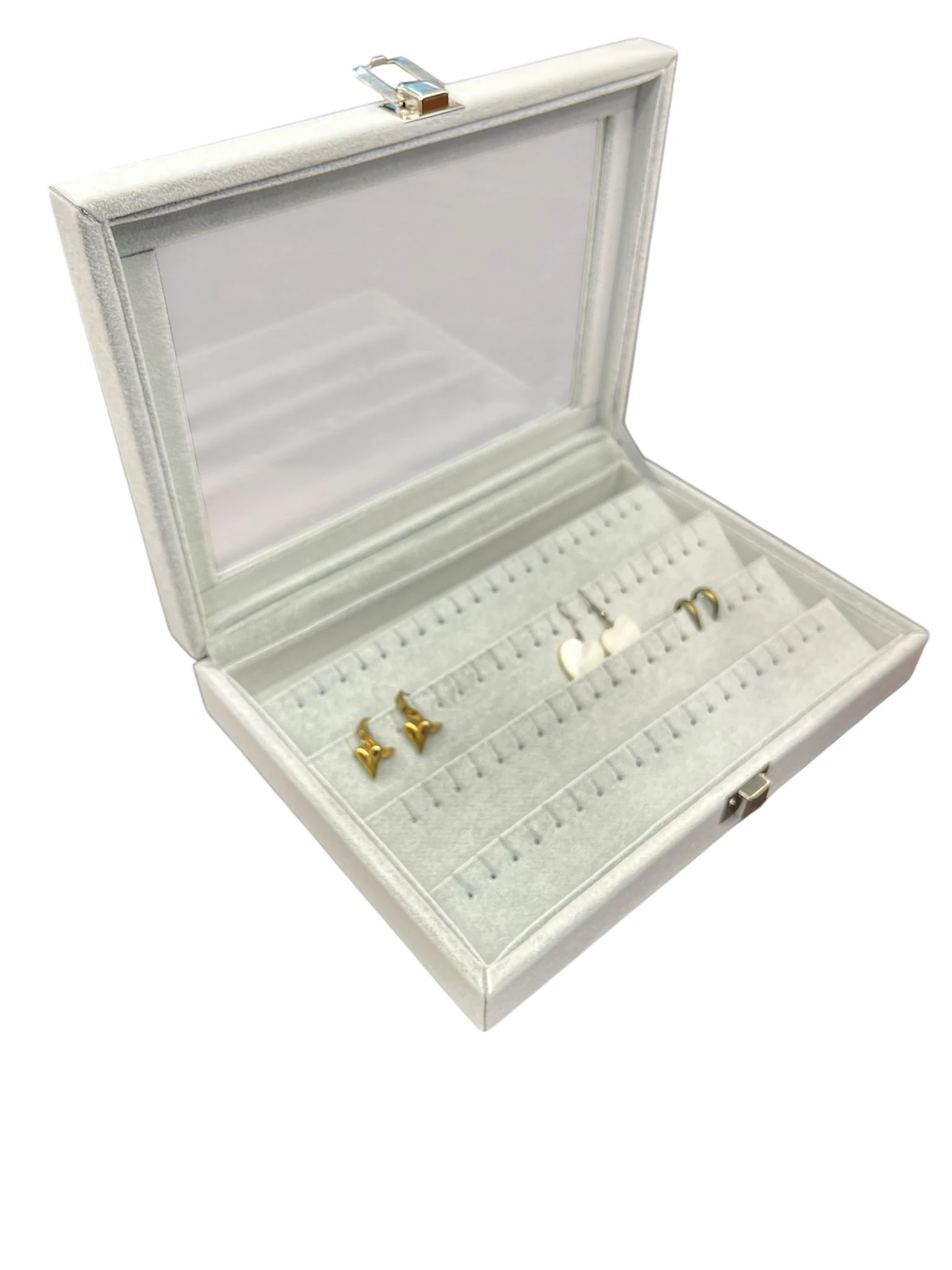 Cam Kapaklı Çok Bölmeli Küpe Organizer Kutusu- Alcantara Gri