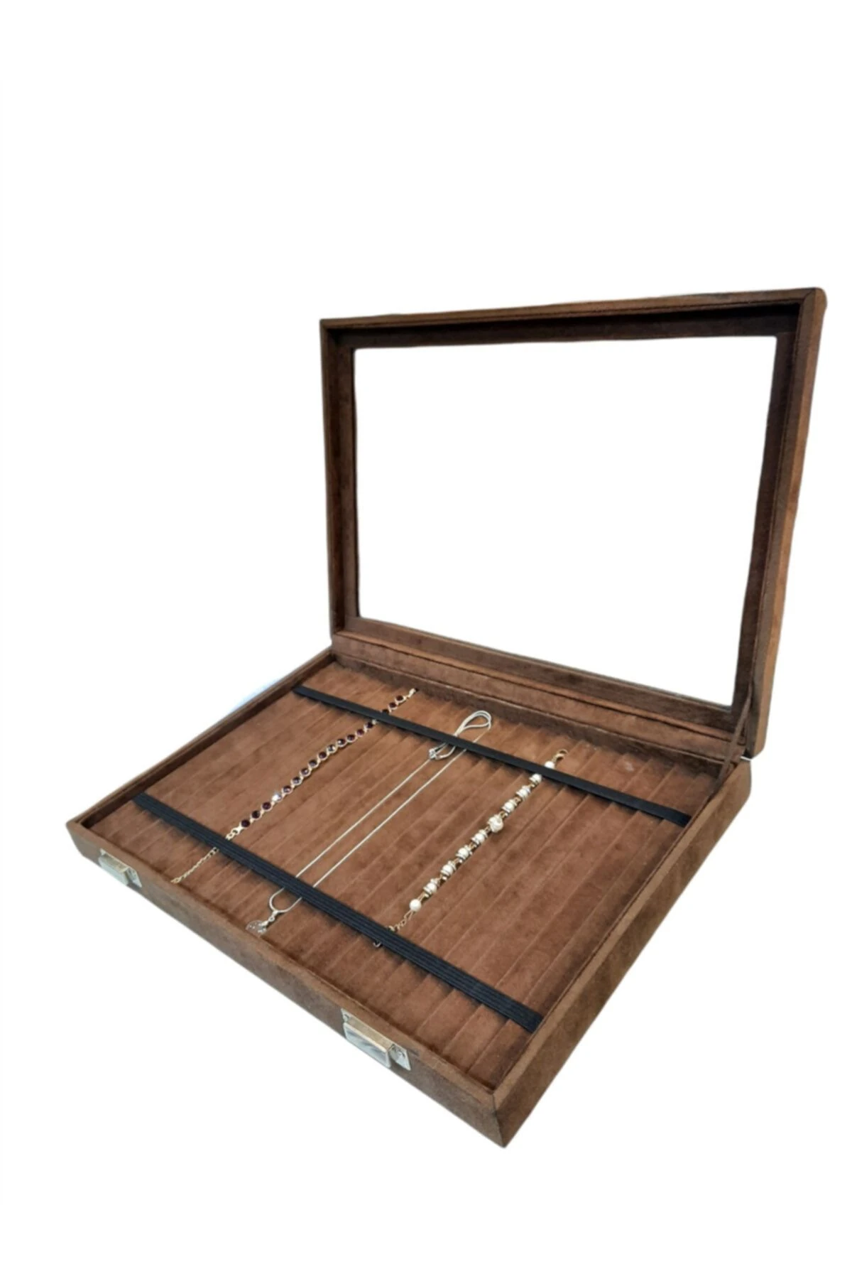 Tesbih Kutusu Lastikli Camlı Kahve Alcantara