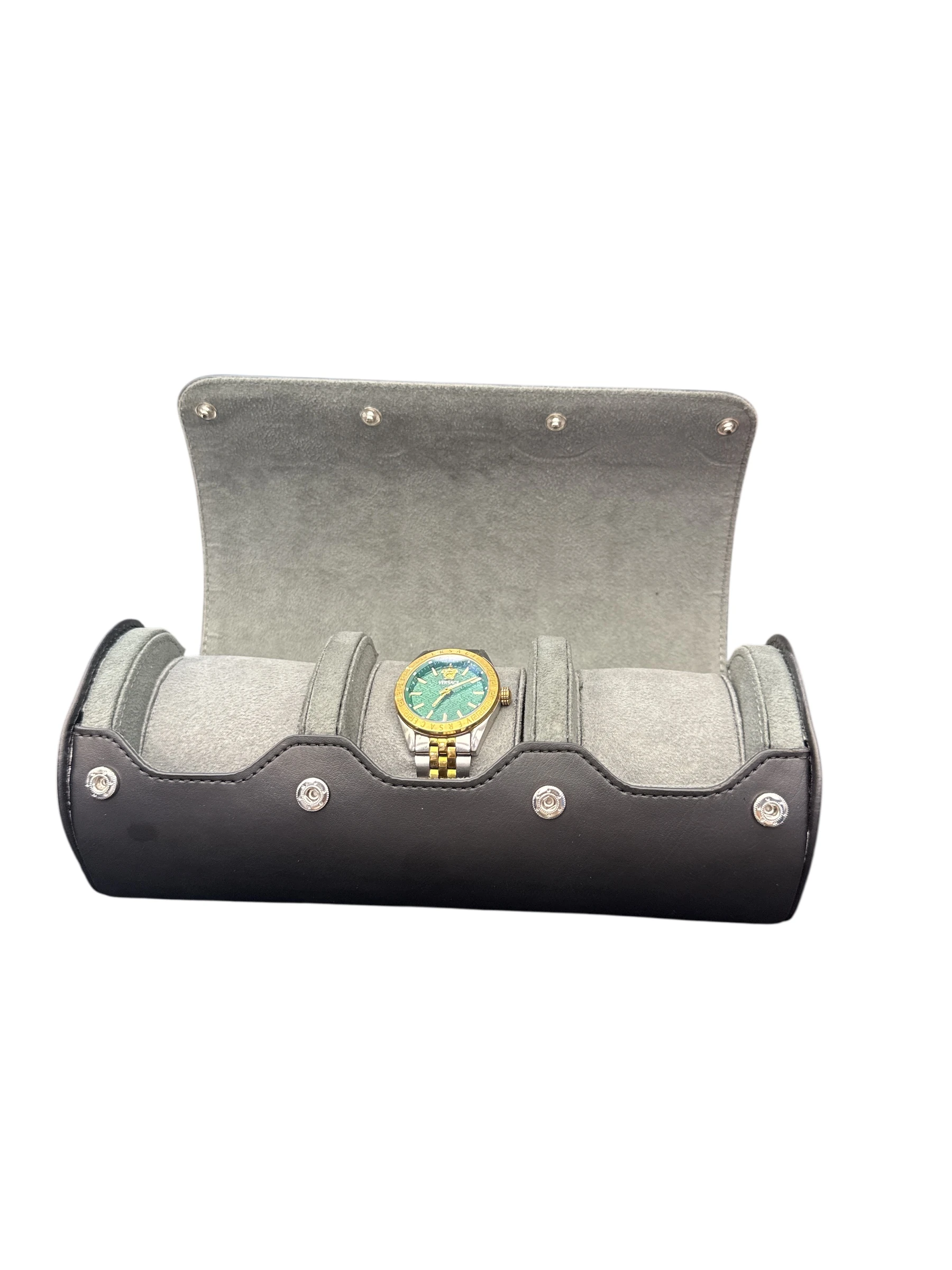 3’lü Çıtçıtlı Saat ve Takı Kutusu – Pull Up Suni Deri, El Yapımı Özel Yastıklı Tasarım Siyah