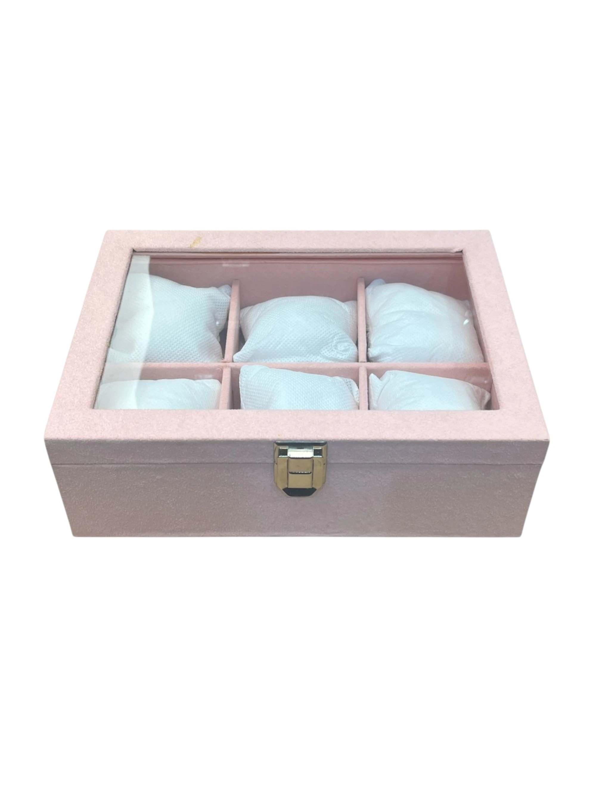 Cam Kapaklı 6 Bölmeli Saat Kutusu – Suni Deri, 24x18x8 cm, Alcantara Pembe