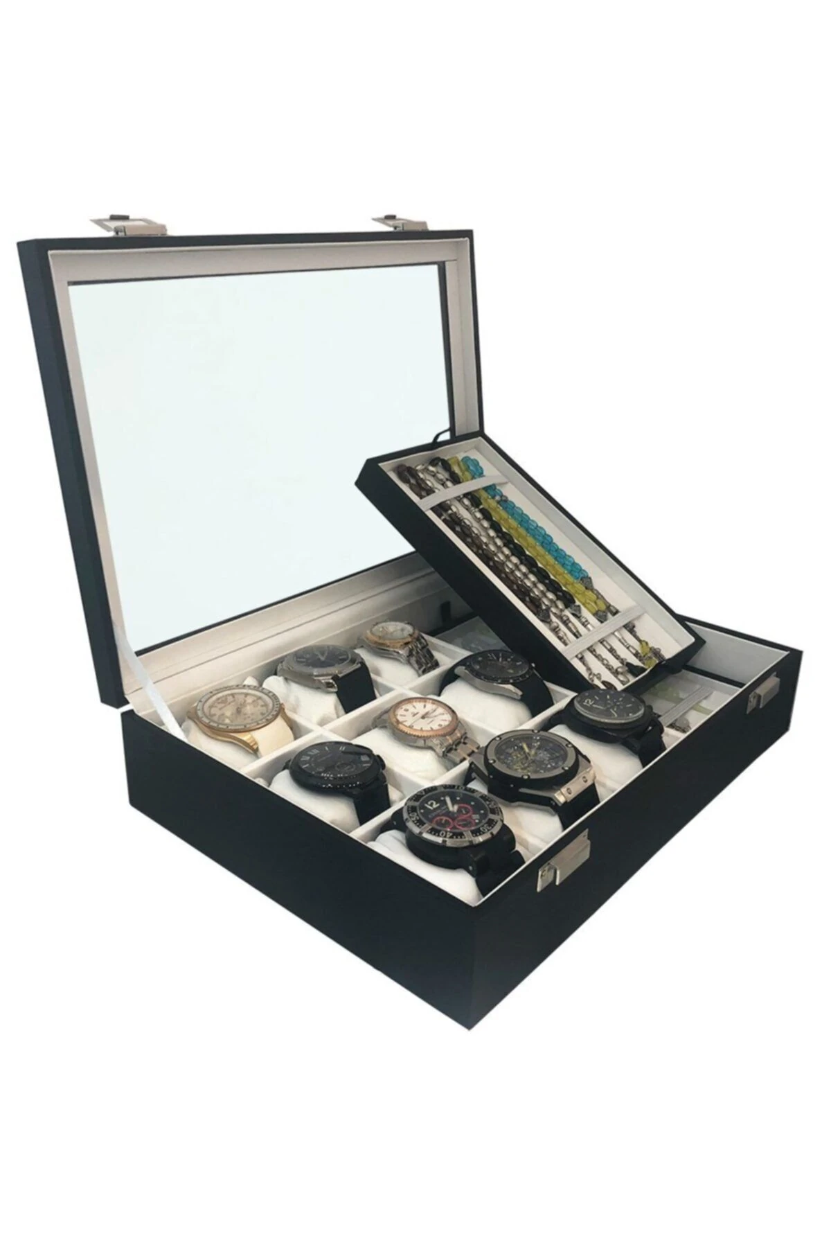 Saat Ve Tesbih Kutusu 9+ Tesbih Bölmeli Siyah Içi Beyaz