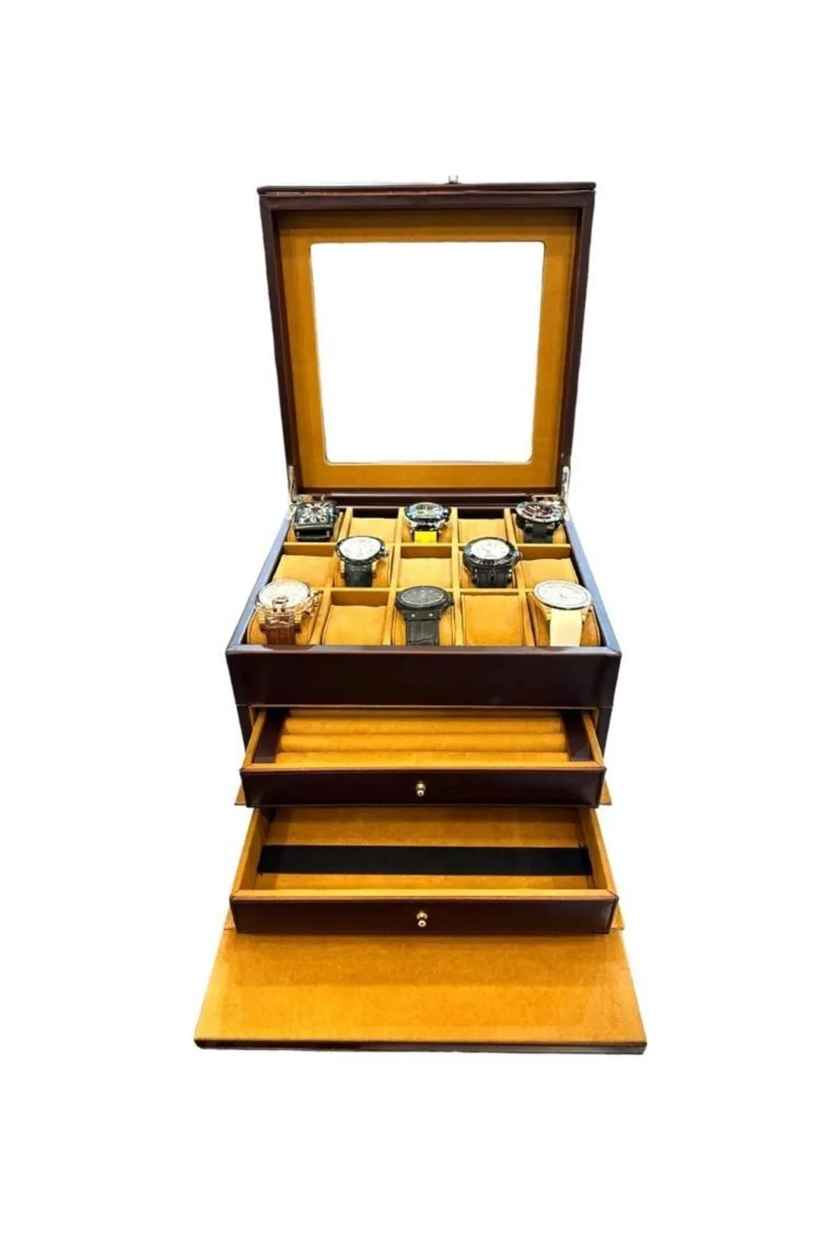 Diplomat Model Çekmeceli Camlı 15'li Saat Ve Yüzük Tesbih Kutusu Kahve