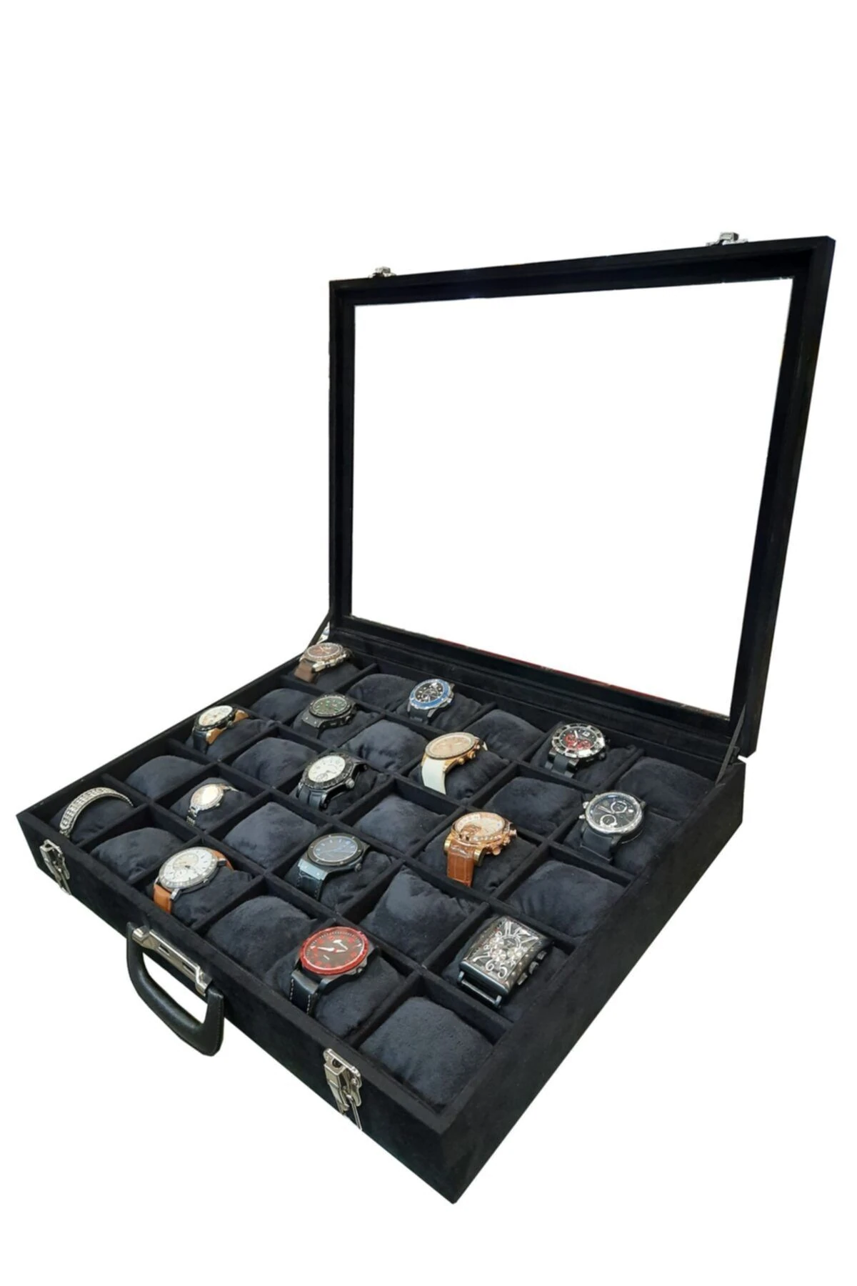 Saat Çantası 30'lu Camlı Siyah Alcantara