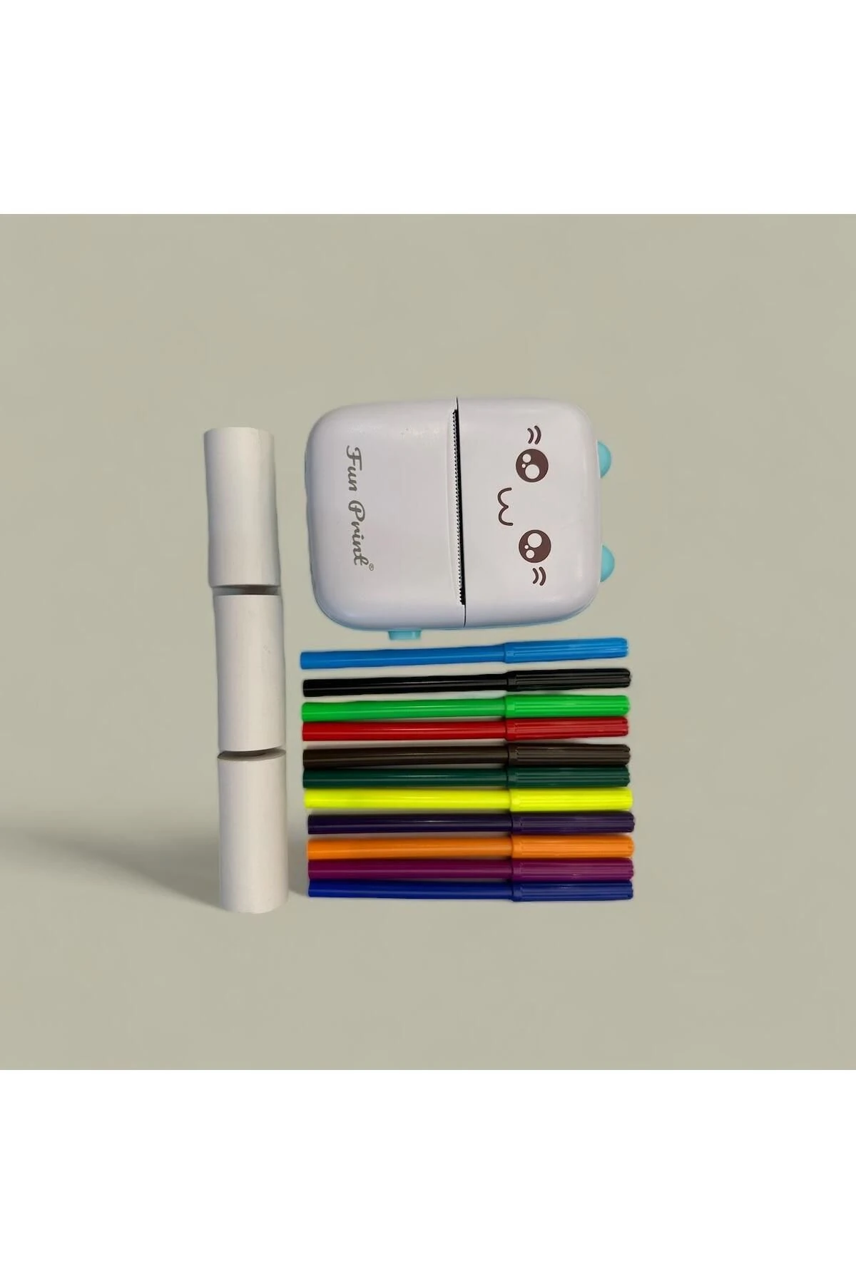 Taşınabilir Yazıcı Mini Mavi, Yedek 3 Adet Beyaz Yapışkanlı Rulo Etiket Ve 6 Lı Renkli Kalem Seti