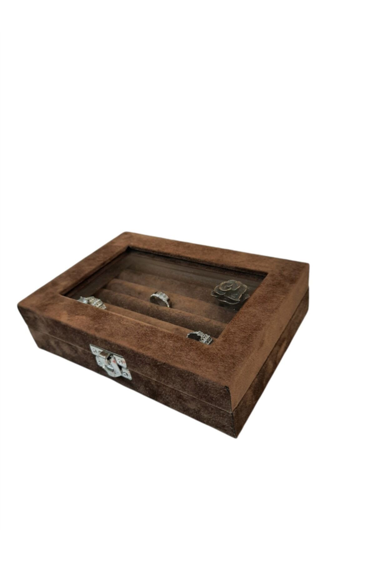Yüzük Kutusu Sosis Model Camlı Alcantara Kahve 10*15