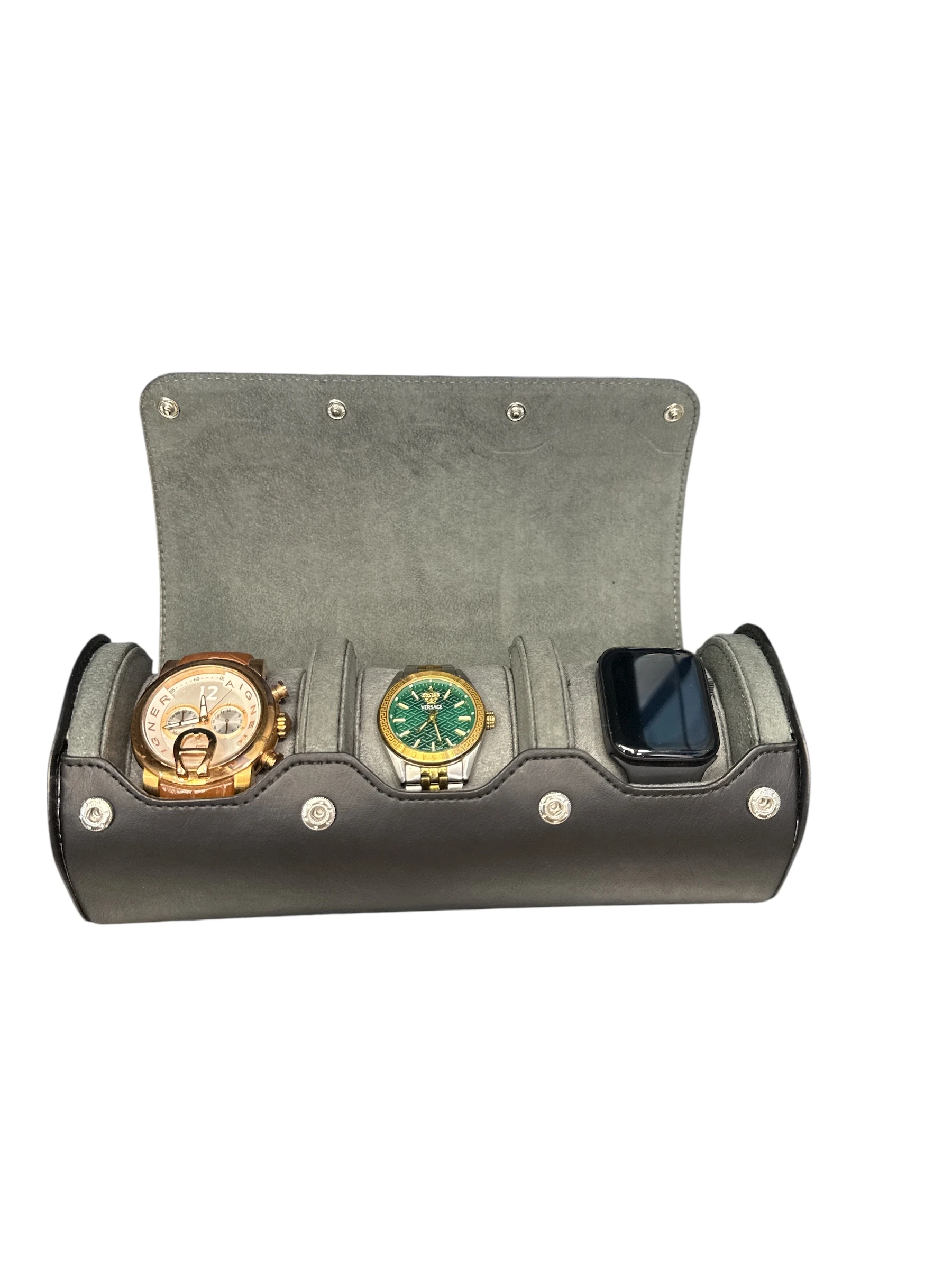 3’lü Çıtçıtlı Saat ve Takı Kutusu – Pull Up Suni Deri, El Yapımı Özel Yastıklı Tasarım Siyah