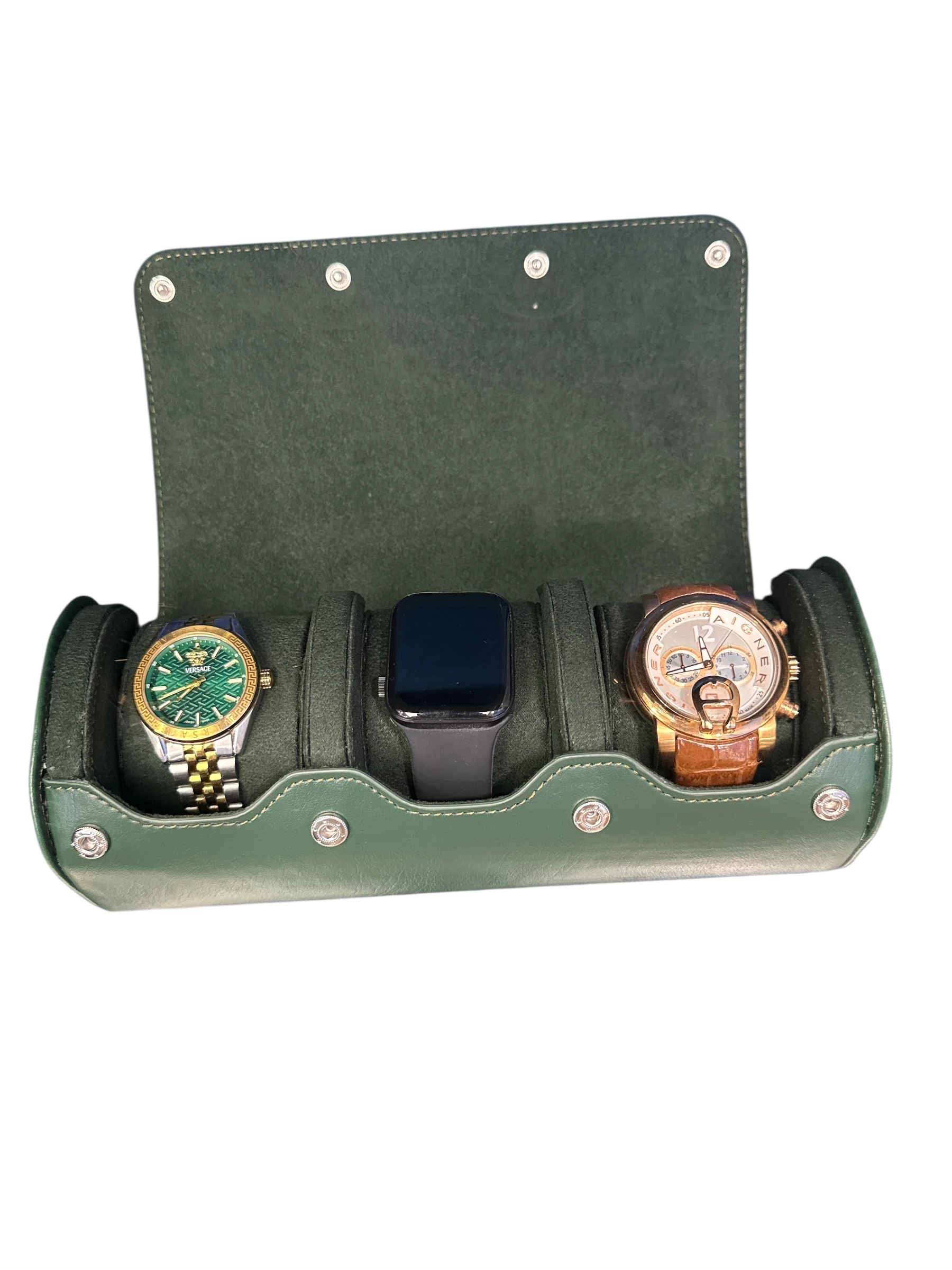 3’lü Çıtçıtlı Saat ve Takı Kutusu – Pull Up Suni Deri, El Yapımı Özel Yastıklı Tasarım Yeşil