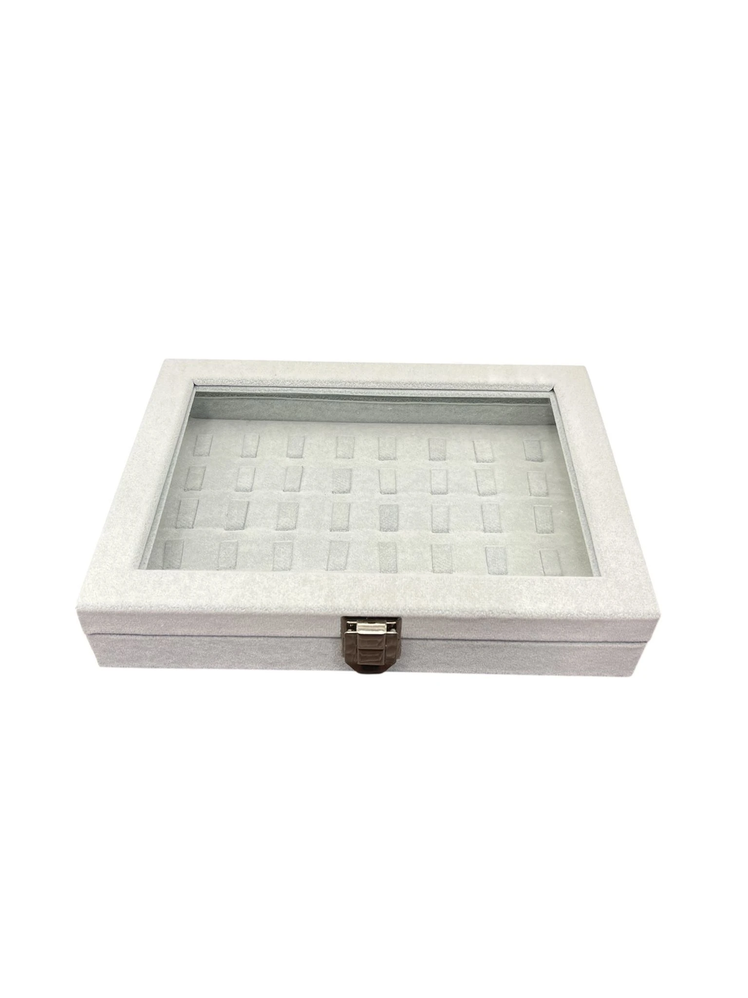 Cam Kapaklı Çok Bölmeli Sosis Model Yüzük Kutusu- Alcantara Gri