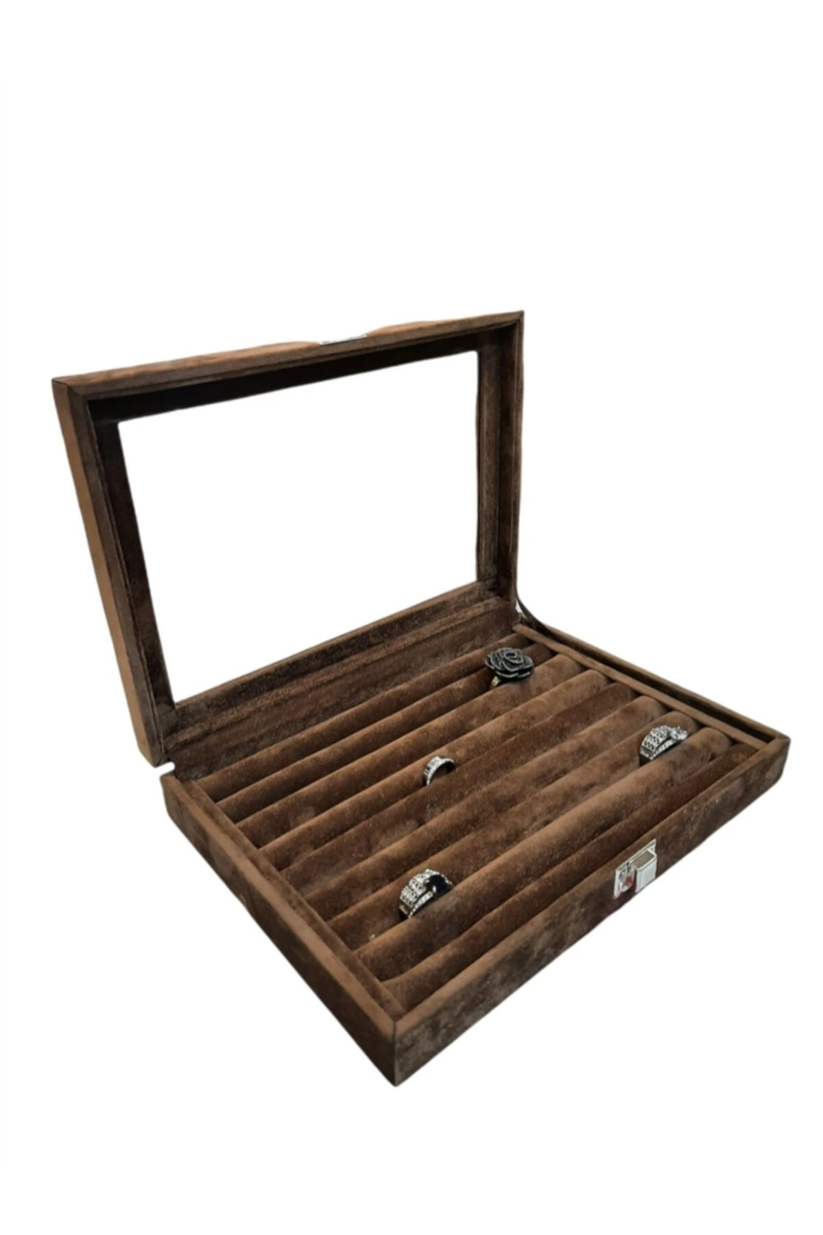 Yüzük Kutusu Sosis Model Camlı Alcantara Kahve 17*24