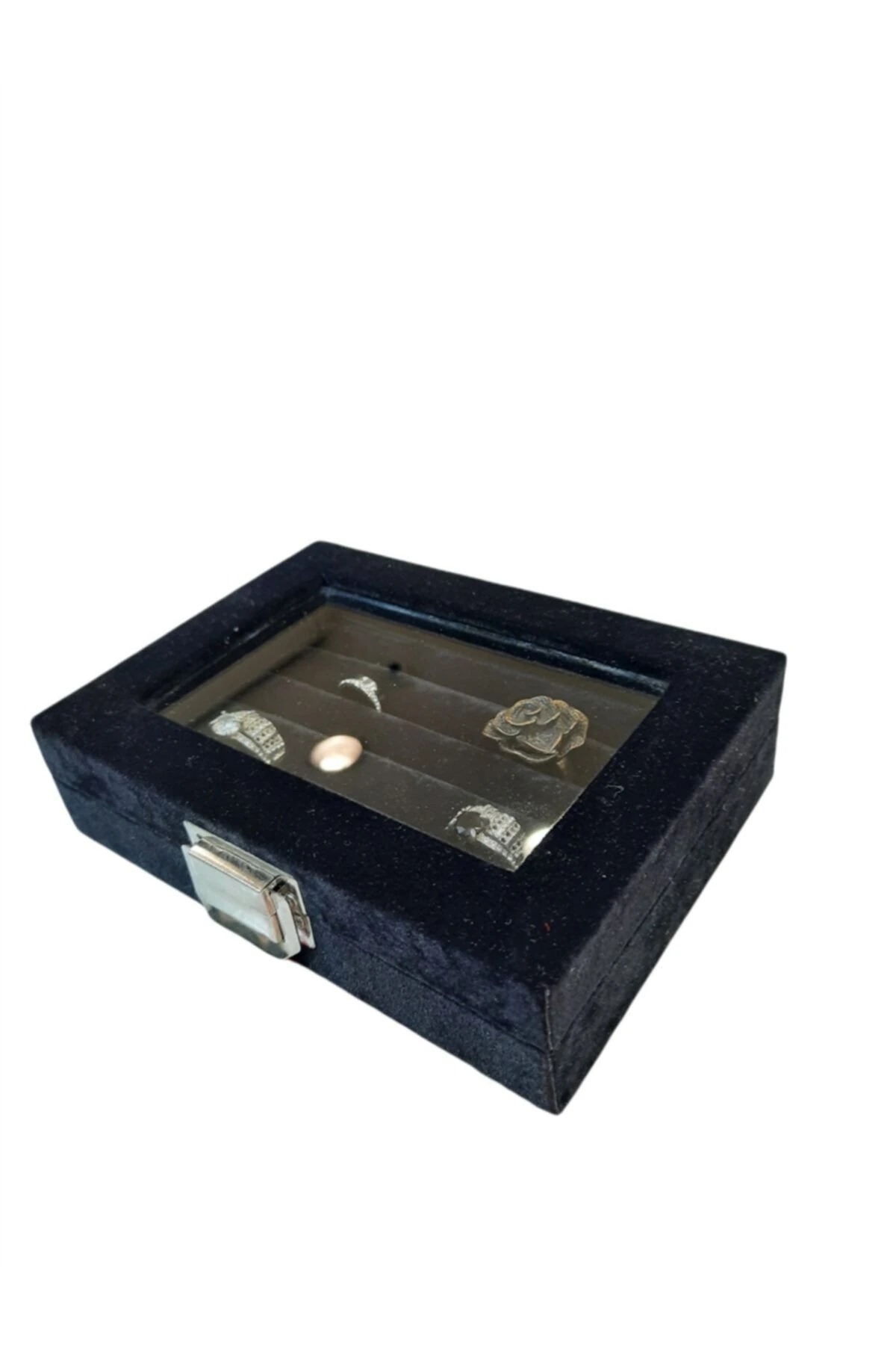 Yüzük Kutusu Sosis Model Camlı Alcantara Siyah 10*15