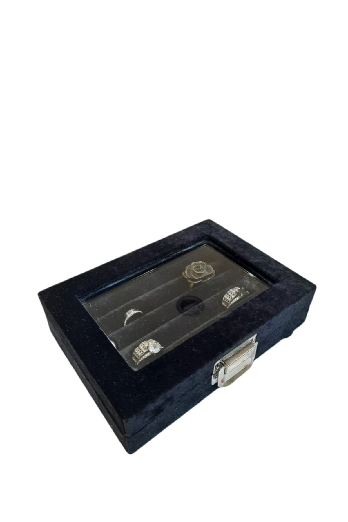 Yüzük Kutusu Sosis Model Camlı Alcantara Siyah 10*15