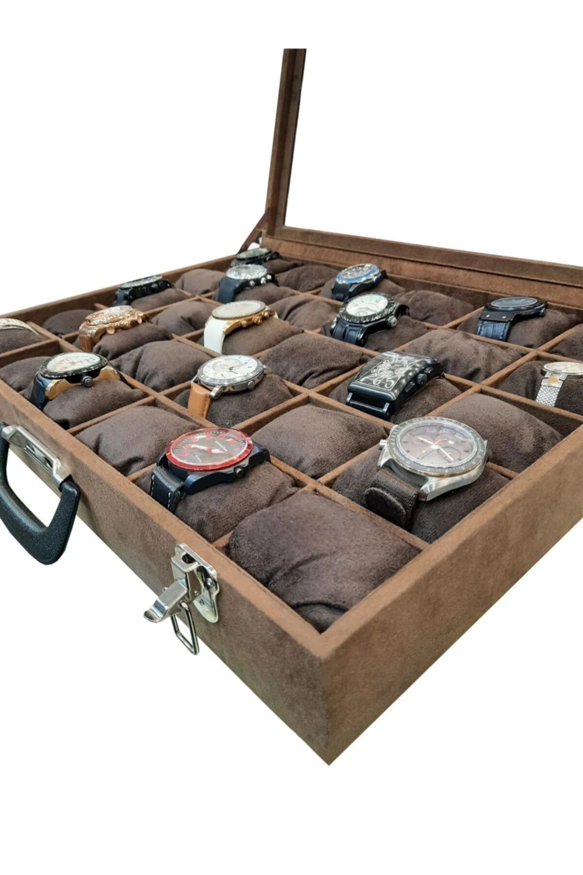 Saat Çantası 30'lu Camlı Kahve Alcantara