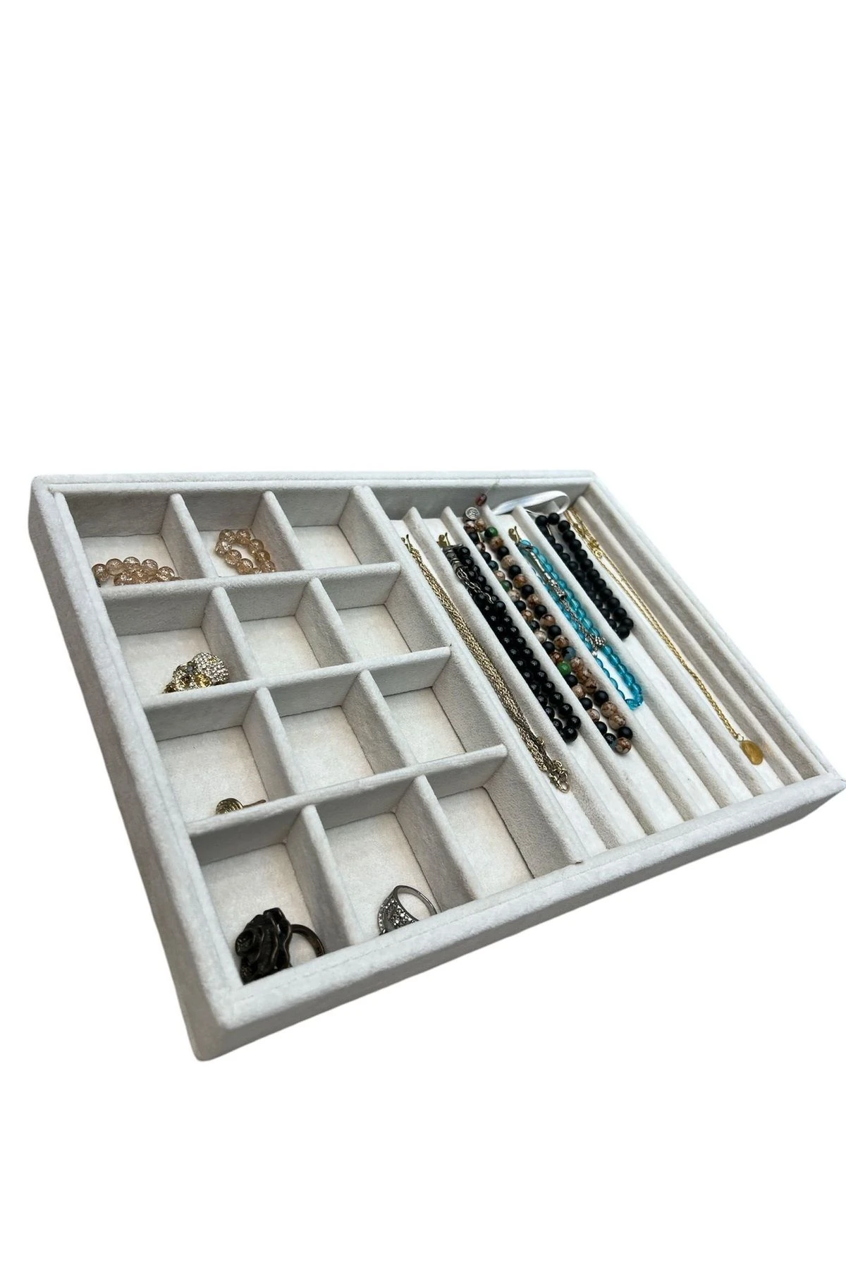 Takı Tablası Kombin Model, Çok amaçlı Takı Düzenleyici. Ahşap Üzeri Süet Kaplama Krem Rengi No:1