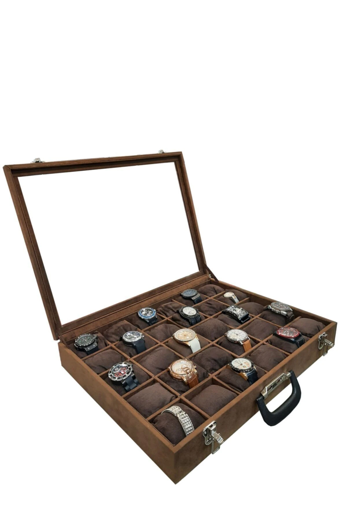 Saat Çantası 30'lu Camlı Kahve Alcantara