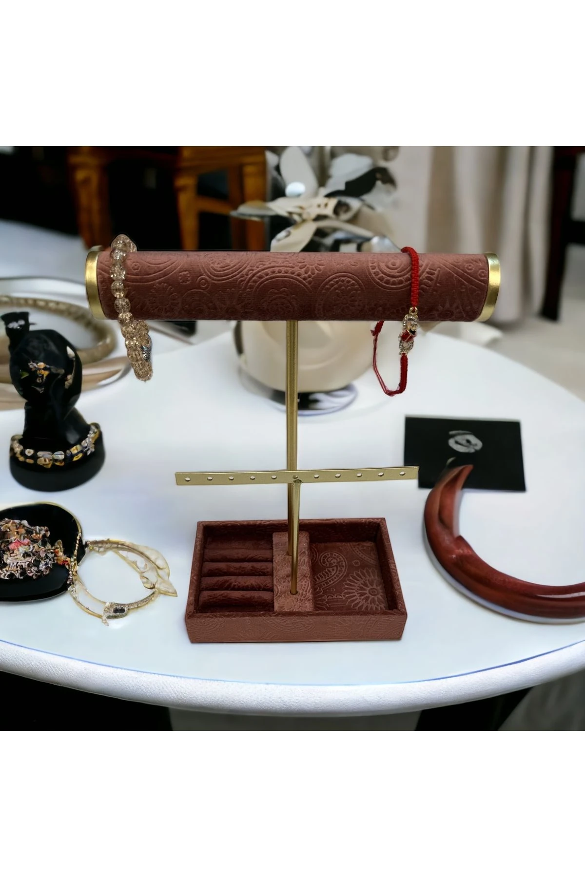 Takı Standı Tekli Silindir Küpelikli Tabaklı Koyu Pembe