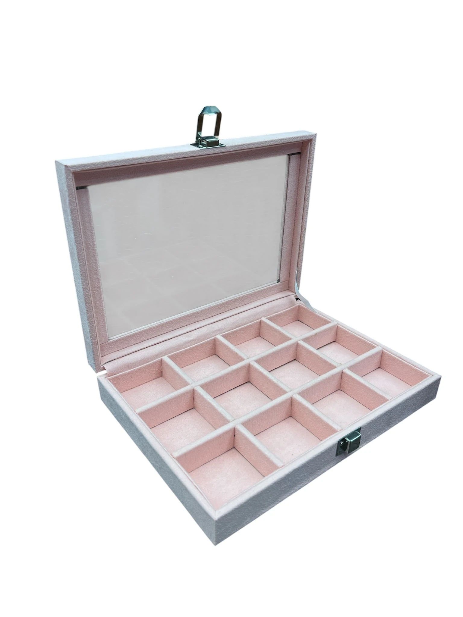 Cam Kapaklı Çok Bölmeli Takı Kutusu -Toz Pembe