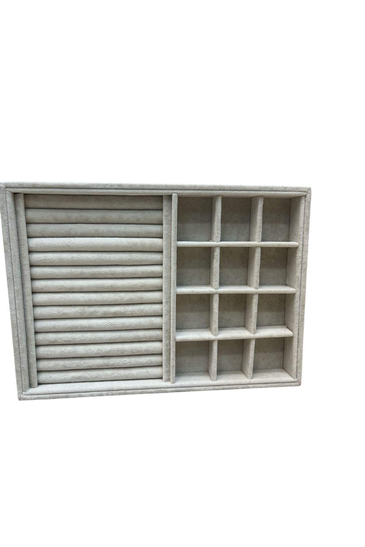 Takı Tablası Kombin Model, Çok amaçlı Takı Düzenleyici. Ahşap Üzeri Süet Kaplama Krem Rengi.