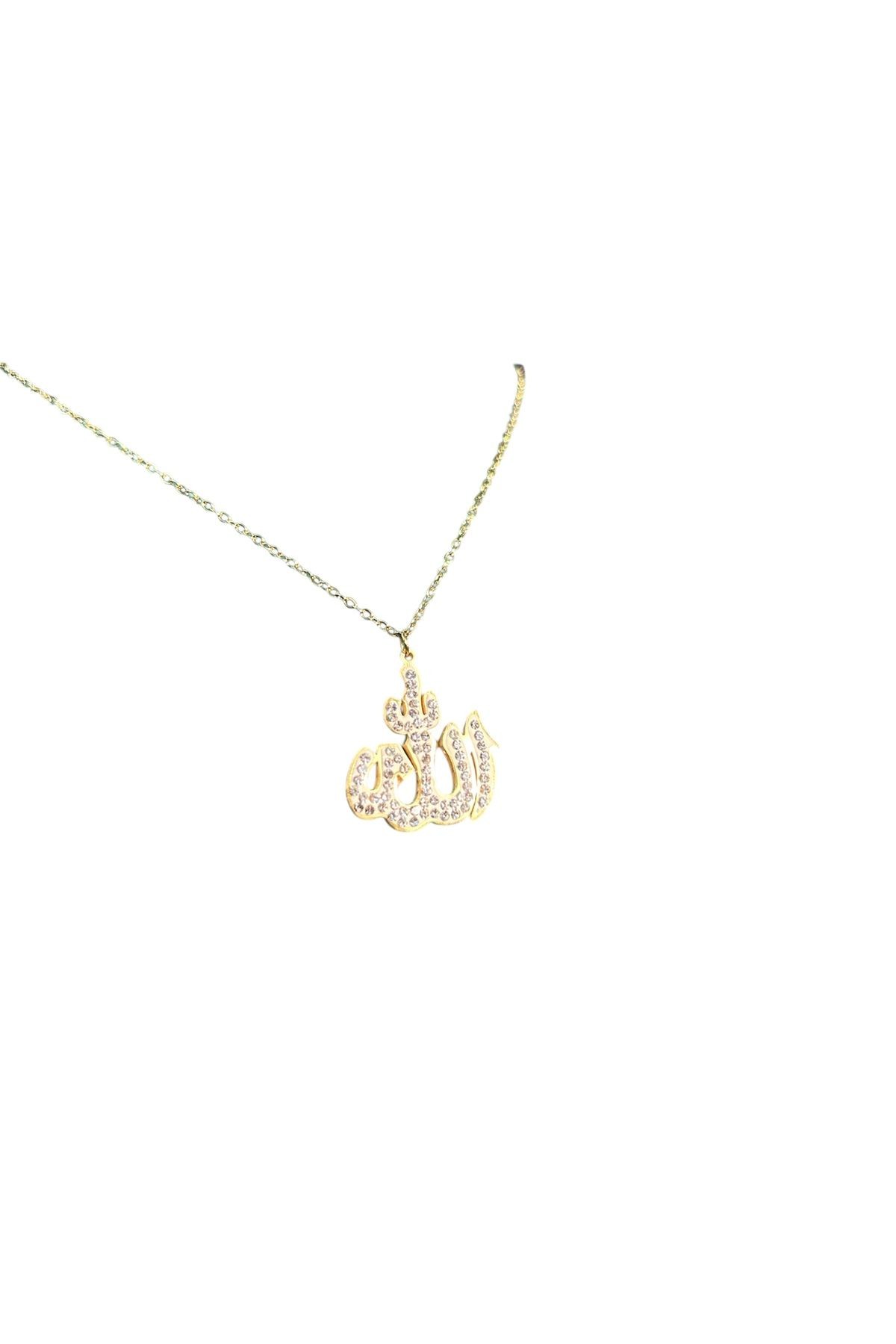 Allah Yazılı Taşlı Gold Renk Çelik Kolye – Özel Tasarım Manevi Takı
