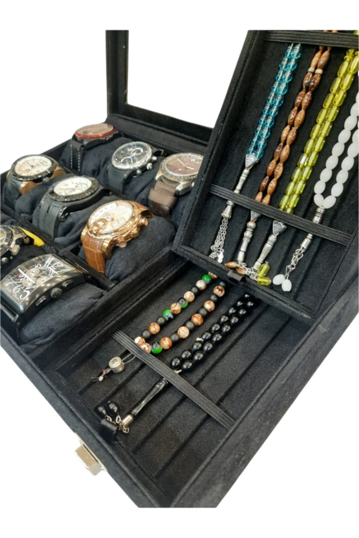 Saat Ve Tesbih Kutusu 9+ Tesbih Bölmeli Alcantara Siyah