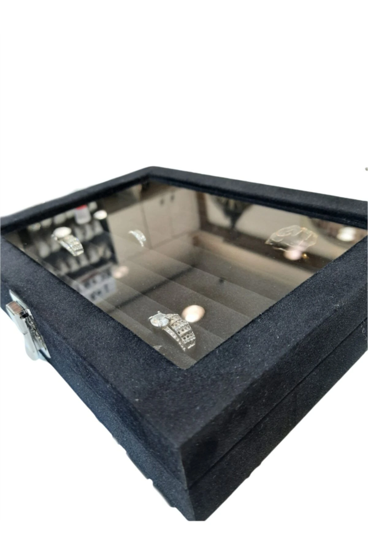 Yüzük Kutusu Sosis Model Camlı Alcantara Siyah 17*24
