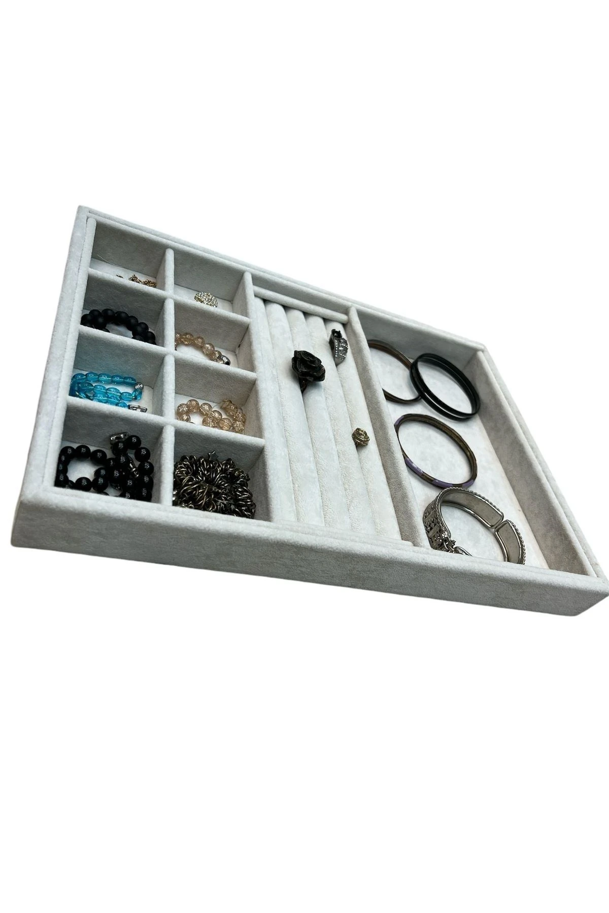 Takı Tablası Kombin Model, Çok amaçlı Takı Düzenleyici. Ahşap Üzeri Süet Kaplama Krem Rengi No:3