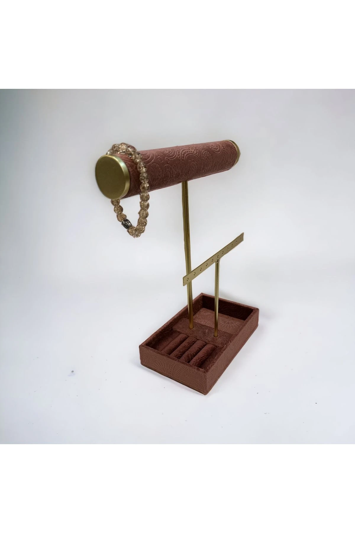 Takı Standı Tekli Silindir Küpelikli Tabaklı Koyu Pembe