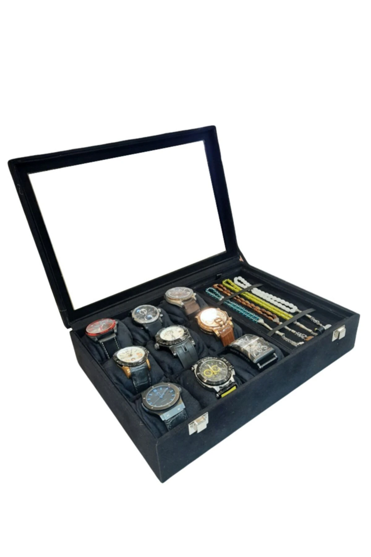 Saat Ve Tesbih Kutusu 9+ Tesbih Bölmeli Alcantara Siyah