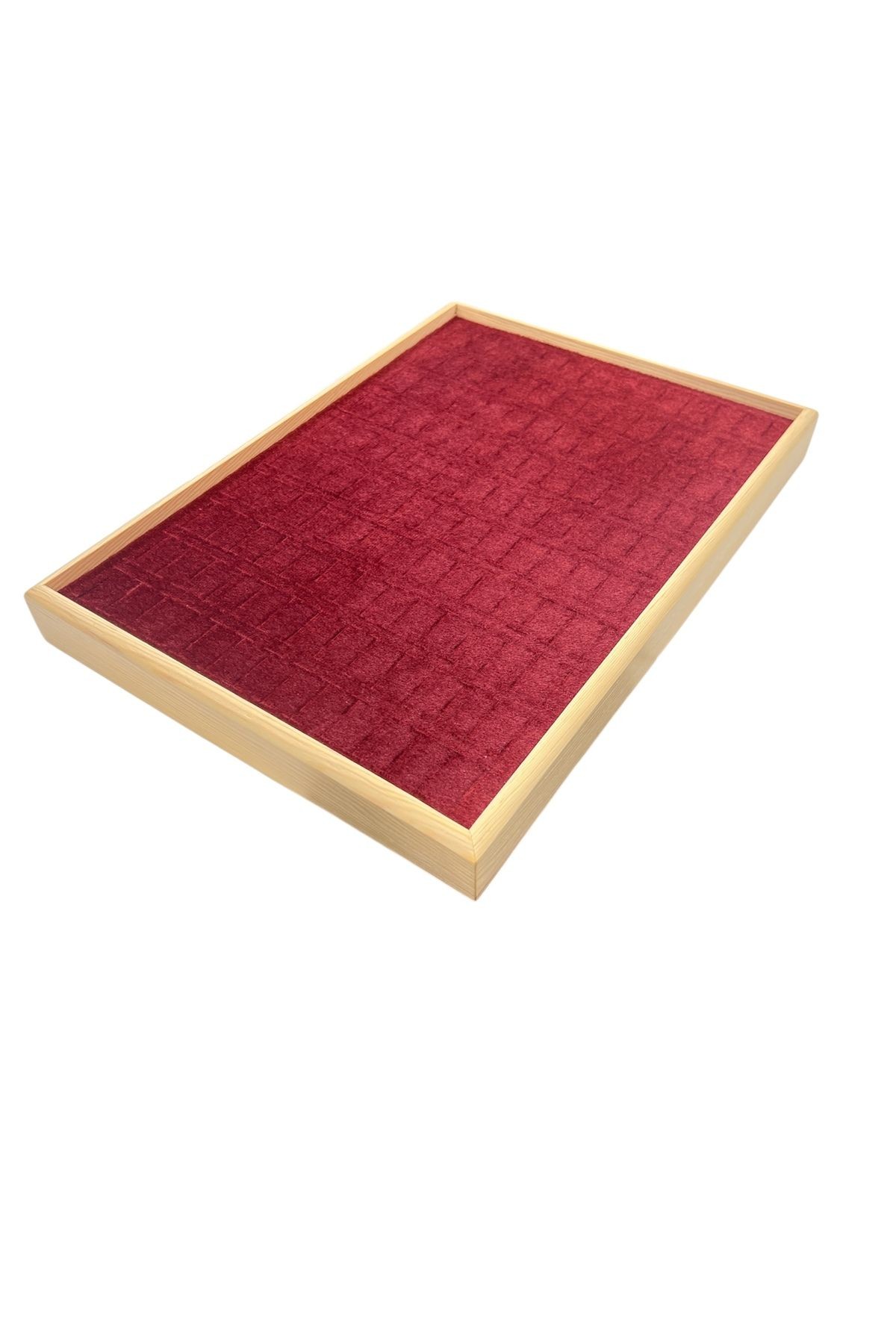 El Yapımı Ahşap Çerçeveli Alcantara Kaplama Yüzük Takı Teşhir Tablasi (34,5x24,5x3,5cm) AhşapKırmızı