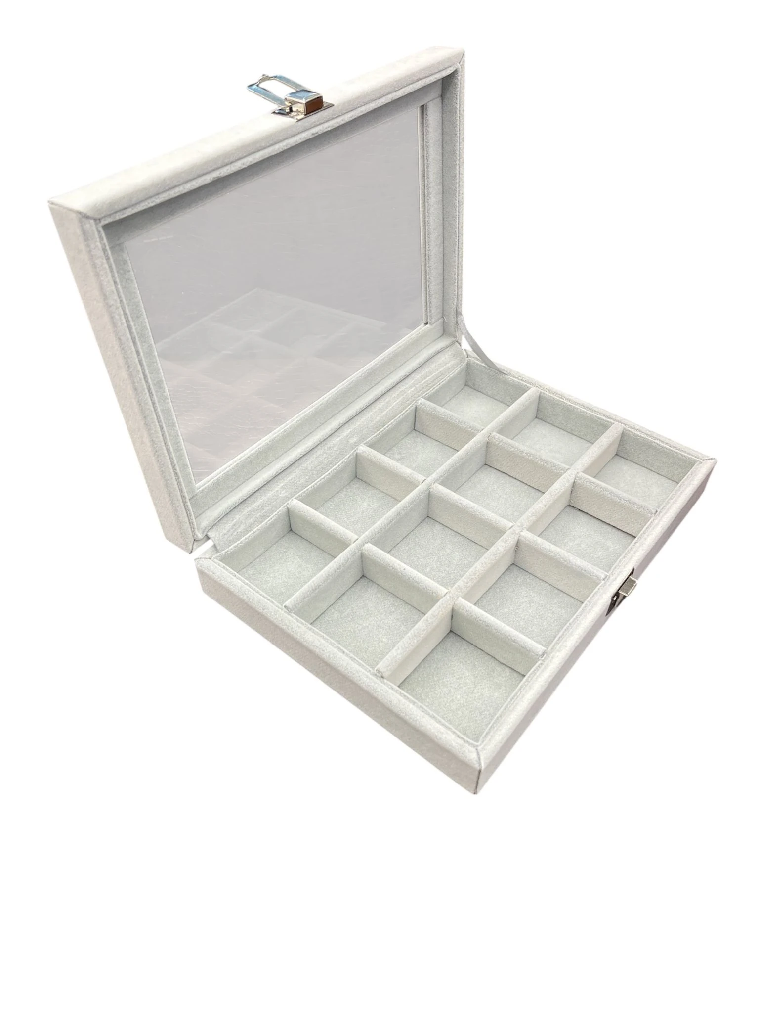 Cam Kapaklı Çok Bölmeli Takı Organizer Kutusu- Alcantara Gri