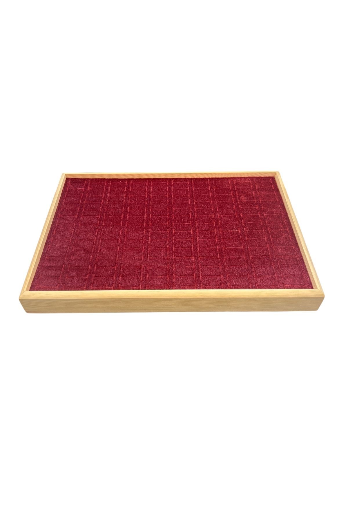 El Yapımı Ahşap Çerçeveli Alcantara Kaplama Yüzük Takı Teşhir Tablasi (34,5x24,5x3,5cm) AhşapKırmızı