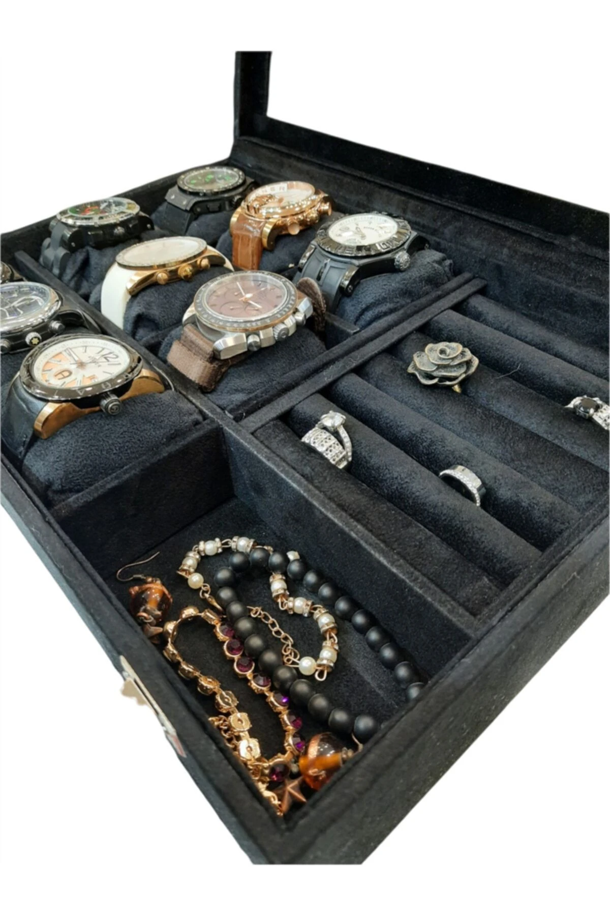 Saat Kutusu 9'lu Takı Bölmeli Alcantara Siyah