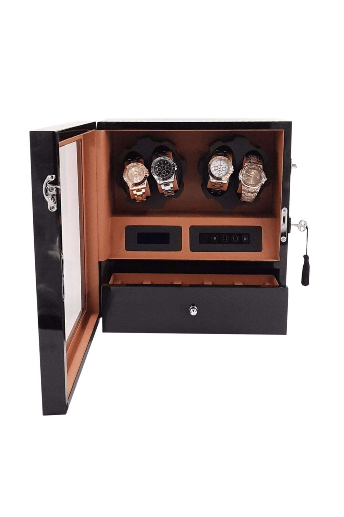 Otomatik Saat Kurma Kutusu 4 5 Siyah Içi Taba Dijital Ekranlı Ve Led Işık Sistemli, Watch Winder