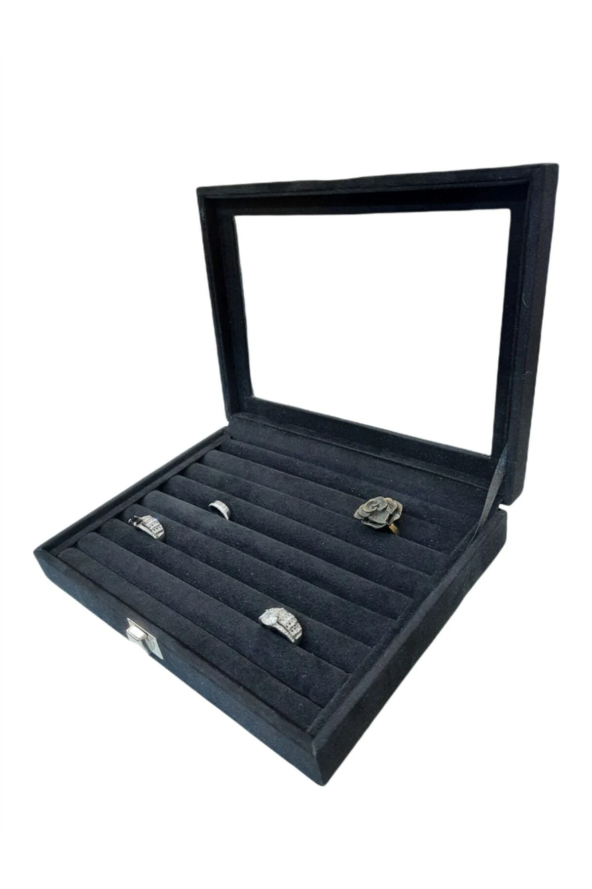 Yüzük Kutusu Sosis Model Camlı Alcantara Siyah 17*24