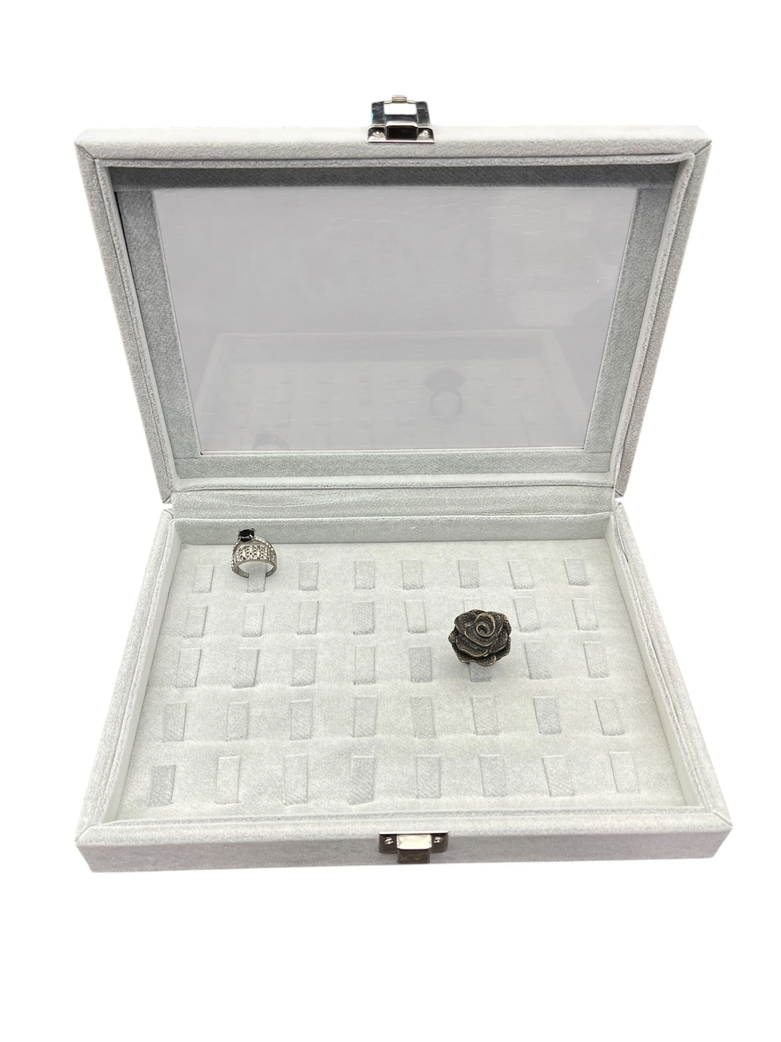 Cam Kapaklı Çok Bölmeli Sosis Model Yüzük Kutusu- Alcantara Gri