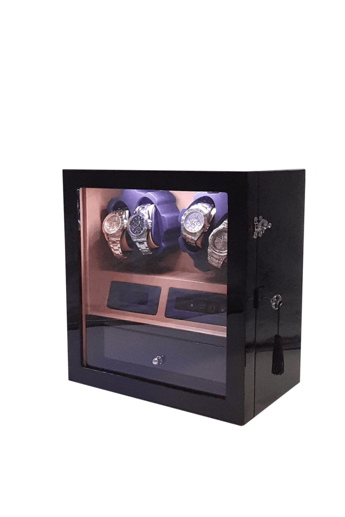 Otomatik Saat Kurma Kutusu 4 5 Siyah Içi Taba Dijital Ekranlı Ve Led Işık Sistemli, Watch Winder