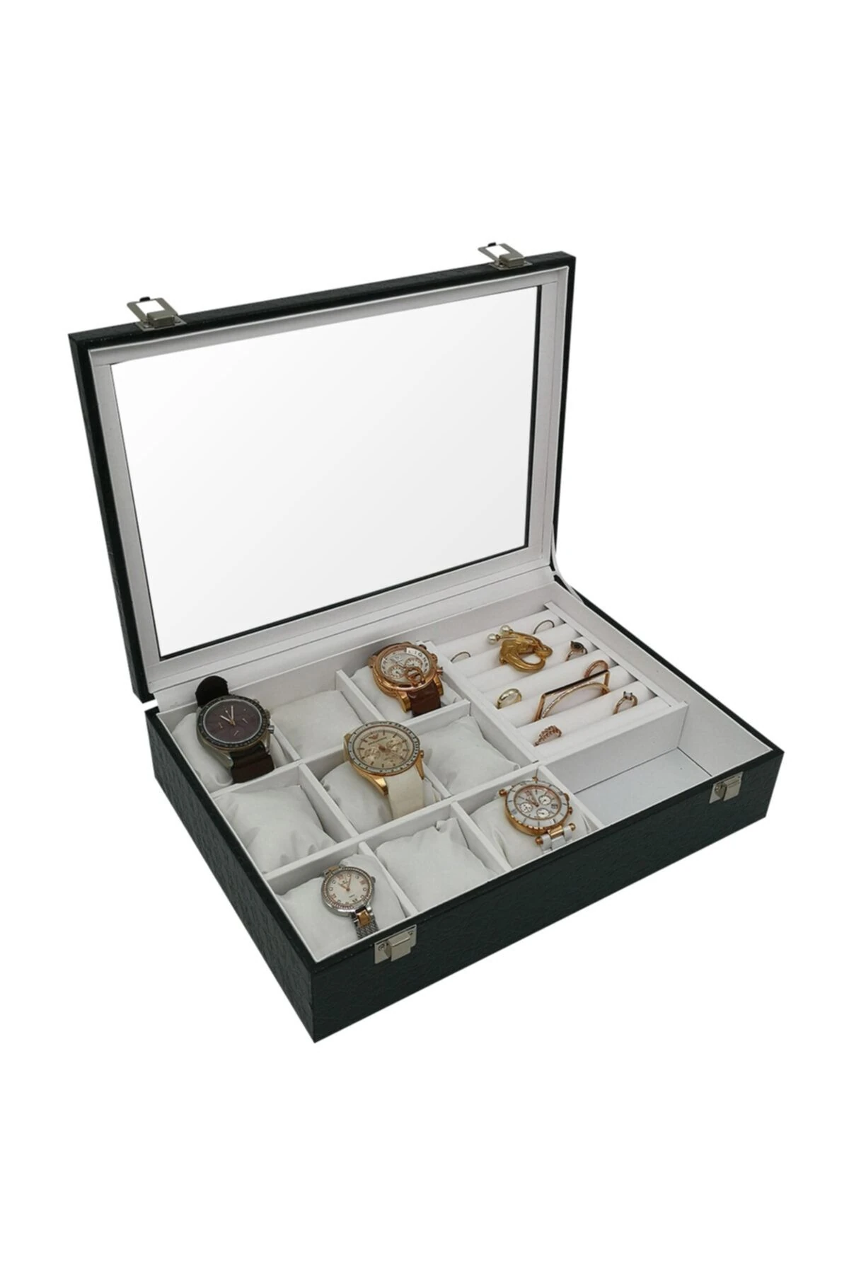Saat Ve Yüzük Kutusu 9+takı Siyah Rugan Içi Beyaz