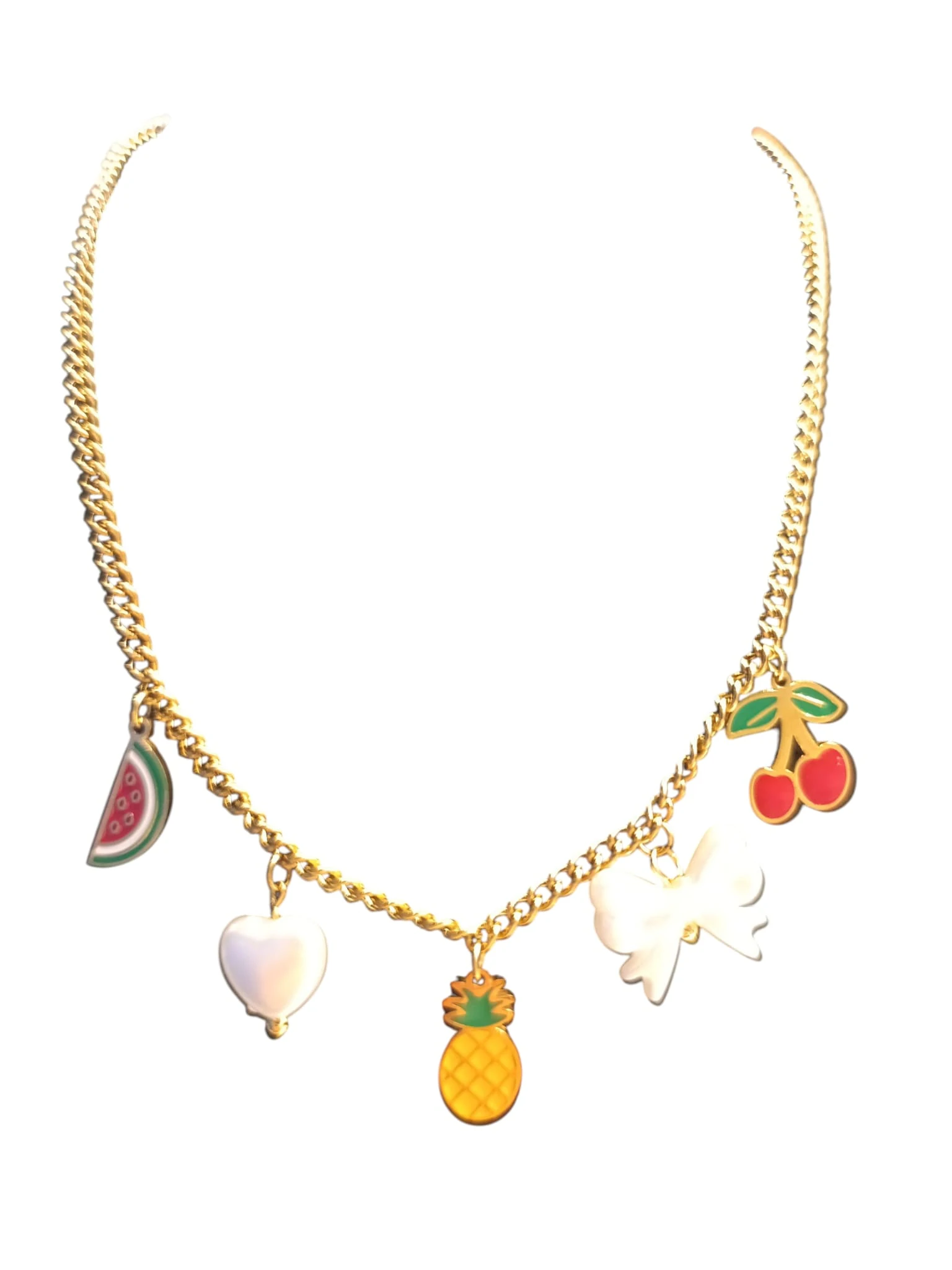 Renkli Figürlü Charm Kolye – Meyve ve Fiyonk Detaylı Altın Renk Zincir