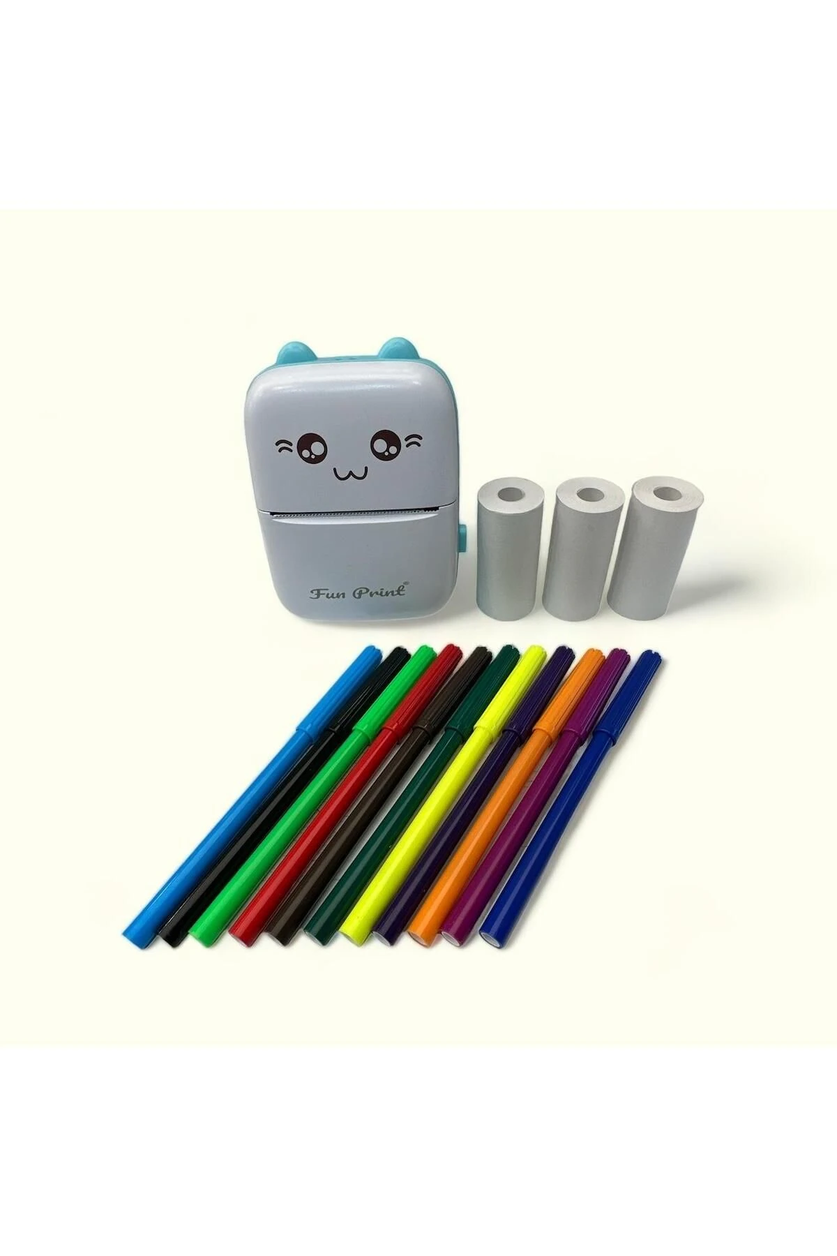 Taşınabilir Yazıcı Mini Mavi, Yedek 3 Adet Beyaz Yapışkanlı Rulo Etiket Ve 6 Lı Renkli Kalem Seti