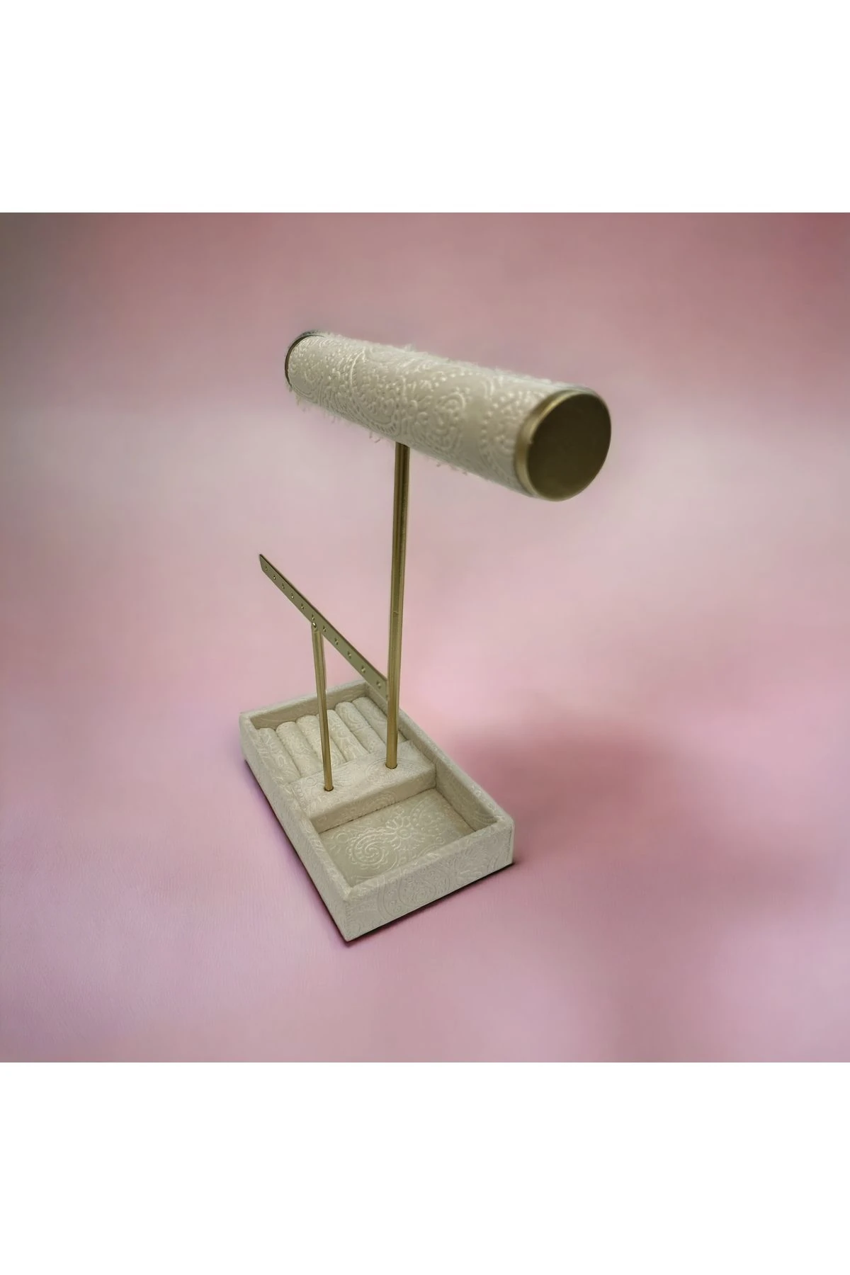 Takı Standı Tekli Silindir Küpelikli Tabaklı Krem