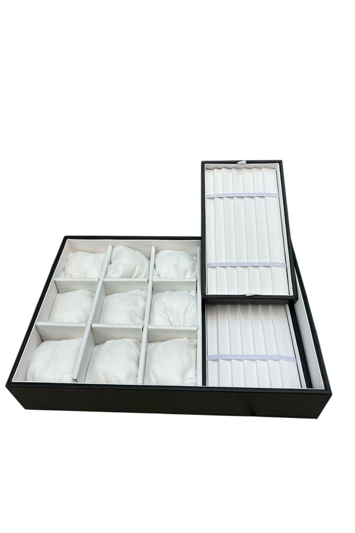 Saat Ve Tesbih Kutusu 9+ Tesbih Bölmeli Siyah Içi Beyaz Tabla