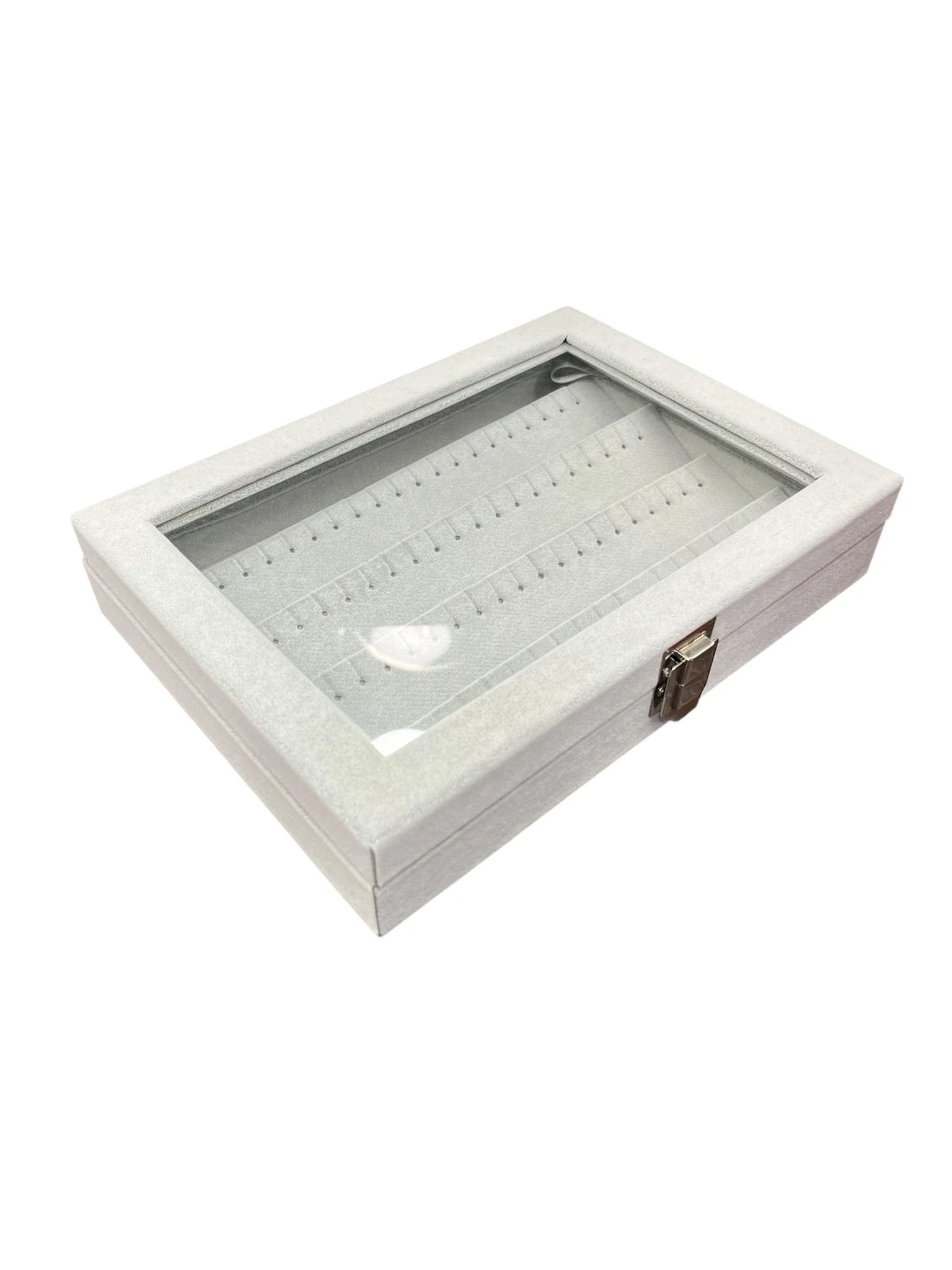 Cam Kapaklı Çok Bölmeli Küpe Organizer Kutusu- Alcantara Gri