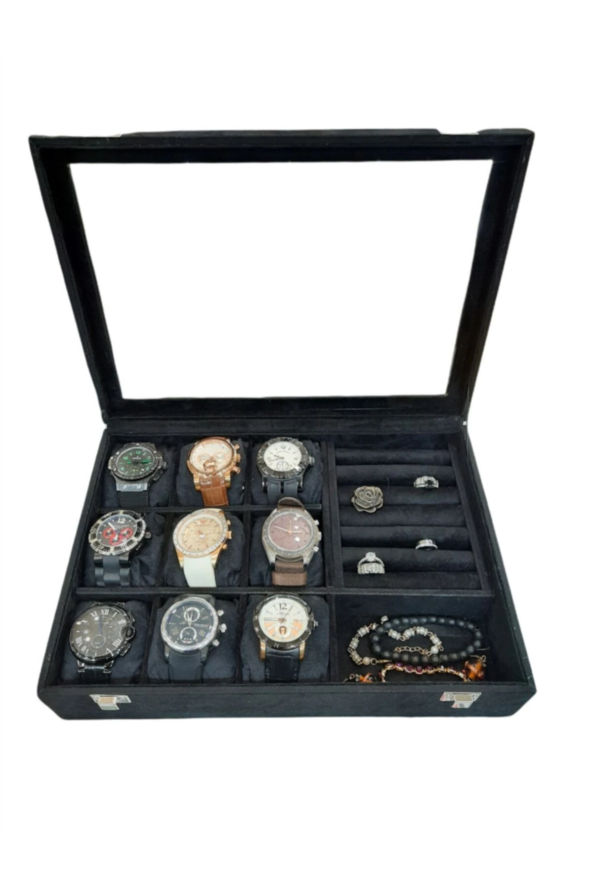 Saat Kutusu 9'lu Takı Bölmeli Alcantara Siyah